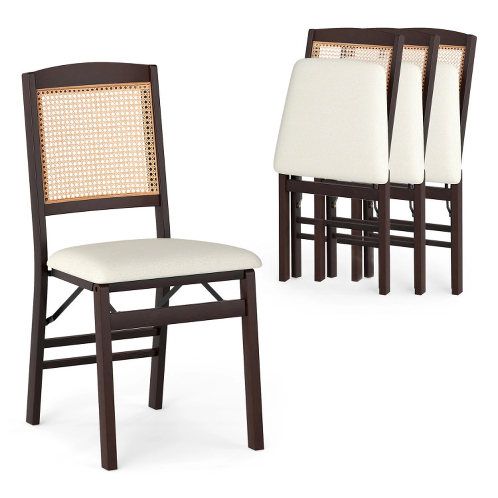 SUGIFT Coffee Folding Rubber Wood Rattan Back Linen Padded Seat Set of 4 Dining Chairs