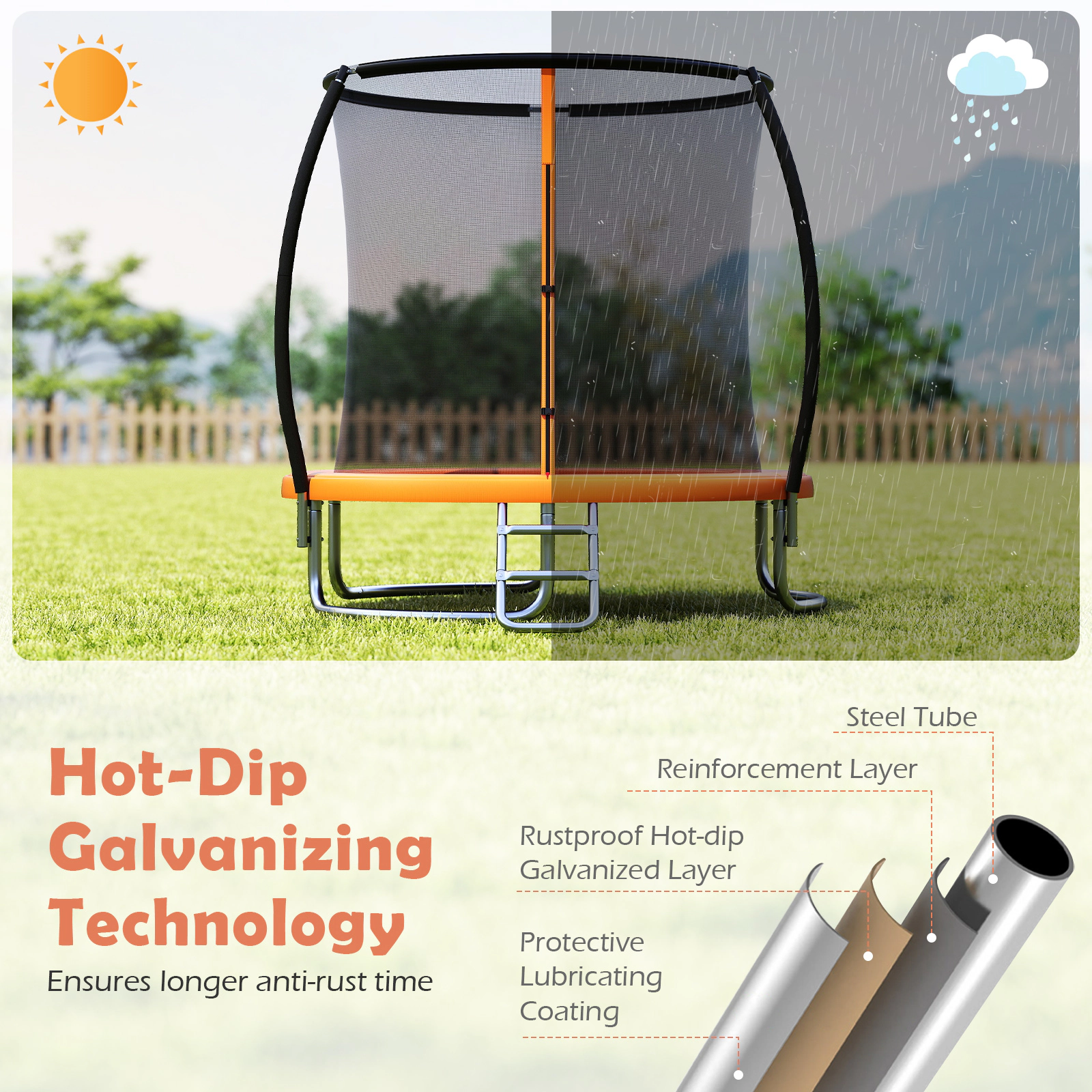 8-ft Trampoline Enclosure Net Ladder 880-lb Static Capacity Curved Legs Heavy-Duty Galvanized Trampoline Orange