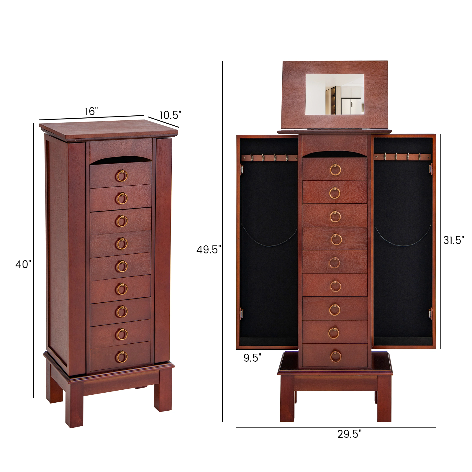 SUGIFT Large Capacity Jewelry Storage Cabinet with 9 Drawers Flip-Top Mirror 16-in Wide MDF Glass Walnut