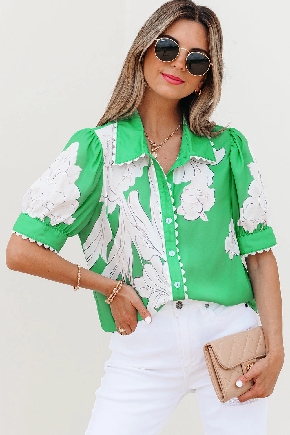 Threaded Pear Women's Celina Floral Ric Rac Edge Sleeve Blouse