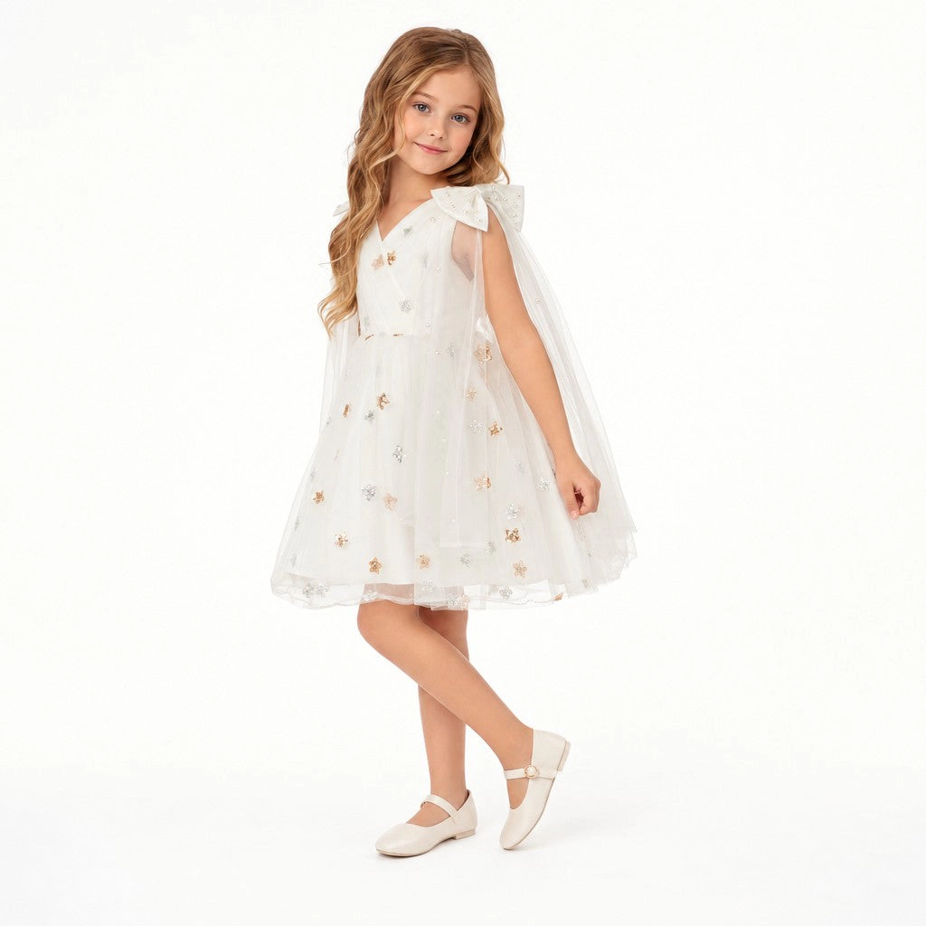 Faeella Girls Stardust Embroidered White Tulle Flower Girl Dress