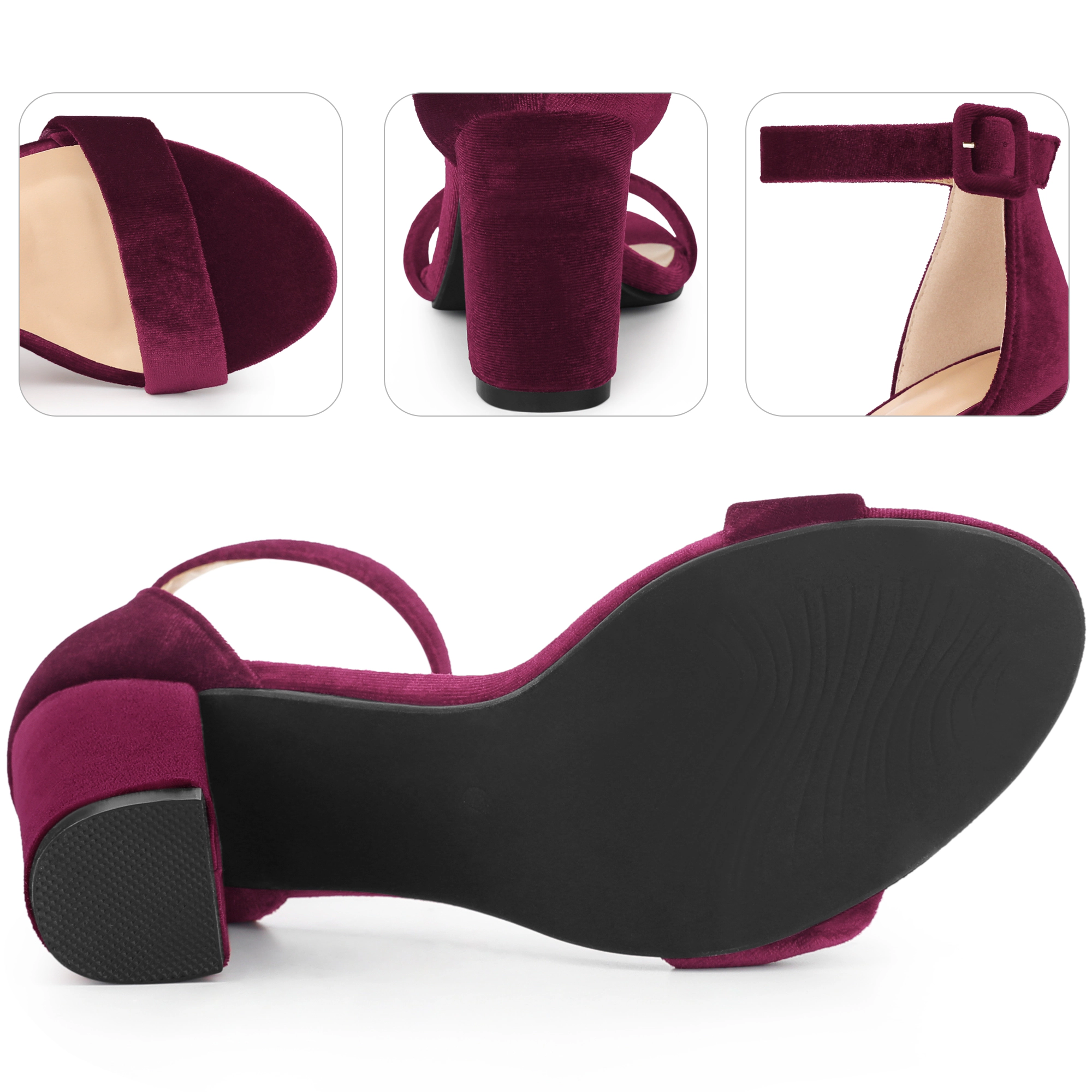 BLISSFUL STEP Women's Chunky Heel Velvet Open Toe Sandals