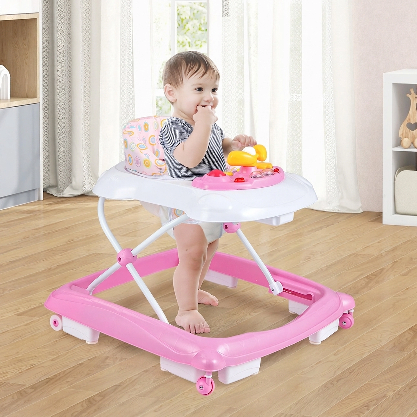 Foldable Baby Walker with 3 Tool-Free Height Settings Music Tray with Lights and Machine-Washable Padded Seat Pink