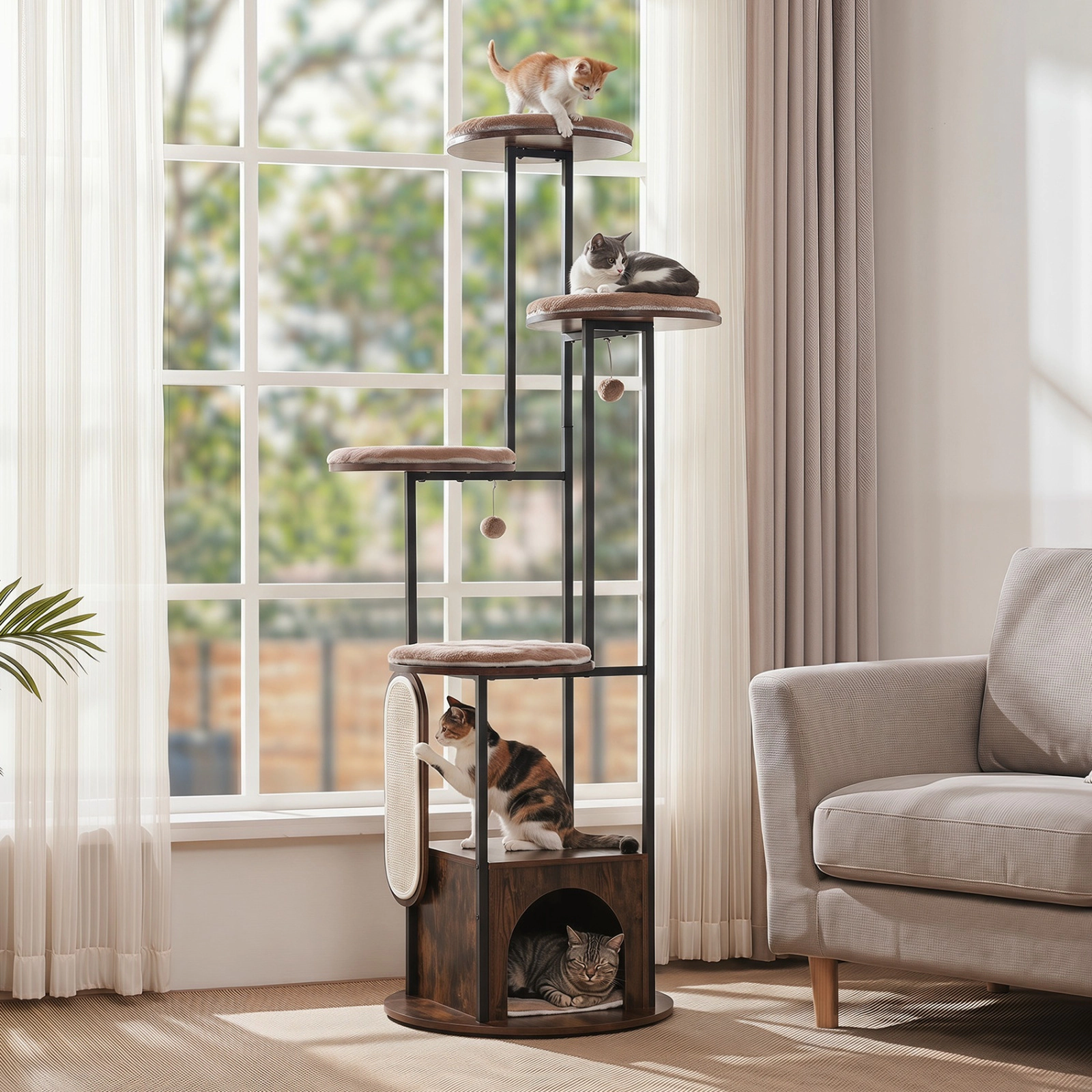 SUGIFT 72-in Tall Multi-Level Cat Condo Tree with Top Perch Platforms 22-lb Capacity Rustic Brown