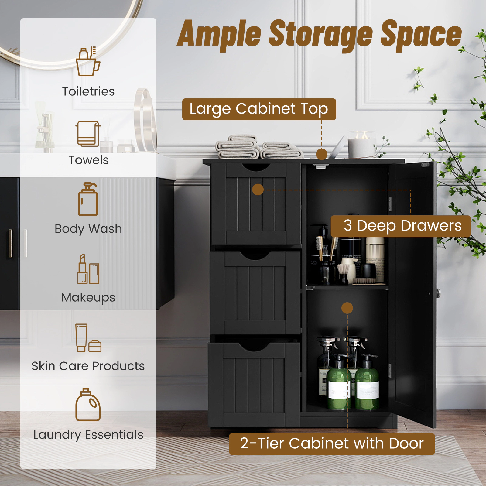 SlickBlue Freestanding Storage Cabinet with 3 Drawers and Cupboard