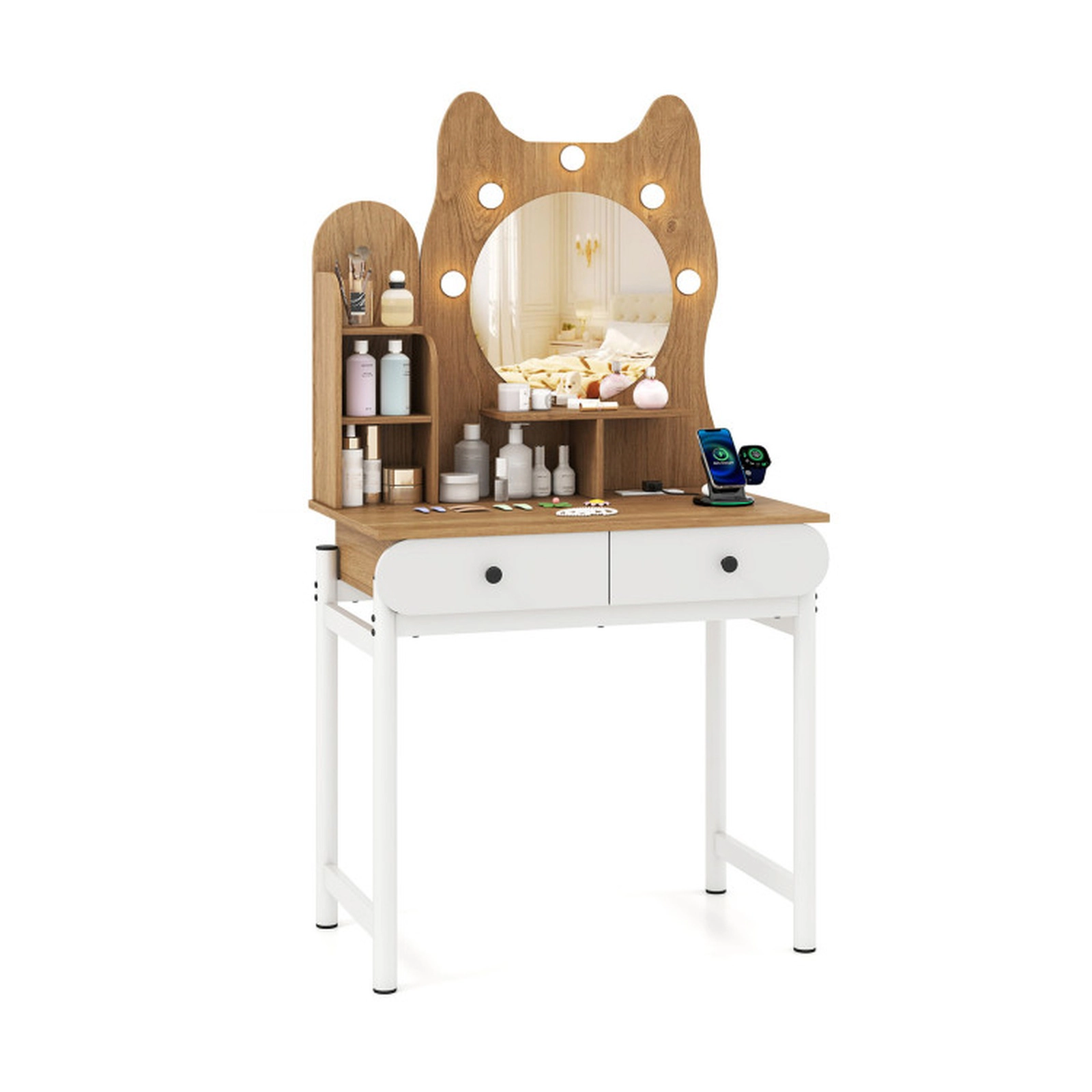 SUGIFT Small Vanity Desk with Round Lighted Mirror Kitty Design Metal Stand and Power Outlets for Teens