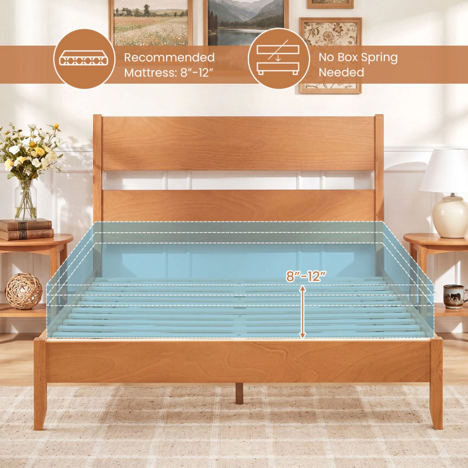 SUGIFT Queen Bed Frame with Headboard and Solid Wood Legs 800-lb Capacity Warm Brown/Dark Walnut