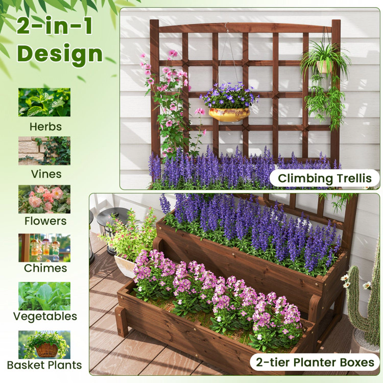 Hivvago Raised Garden Bed with Trellis 2-tier Wood Planter Box with Drainage Holes-Rustic Brown