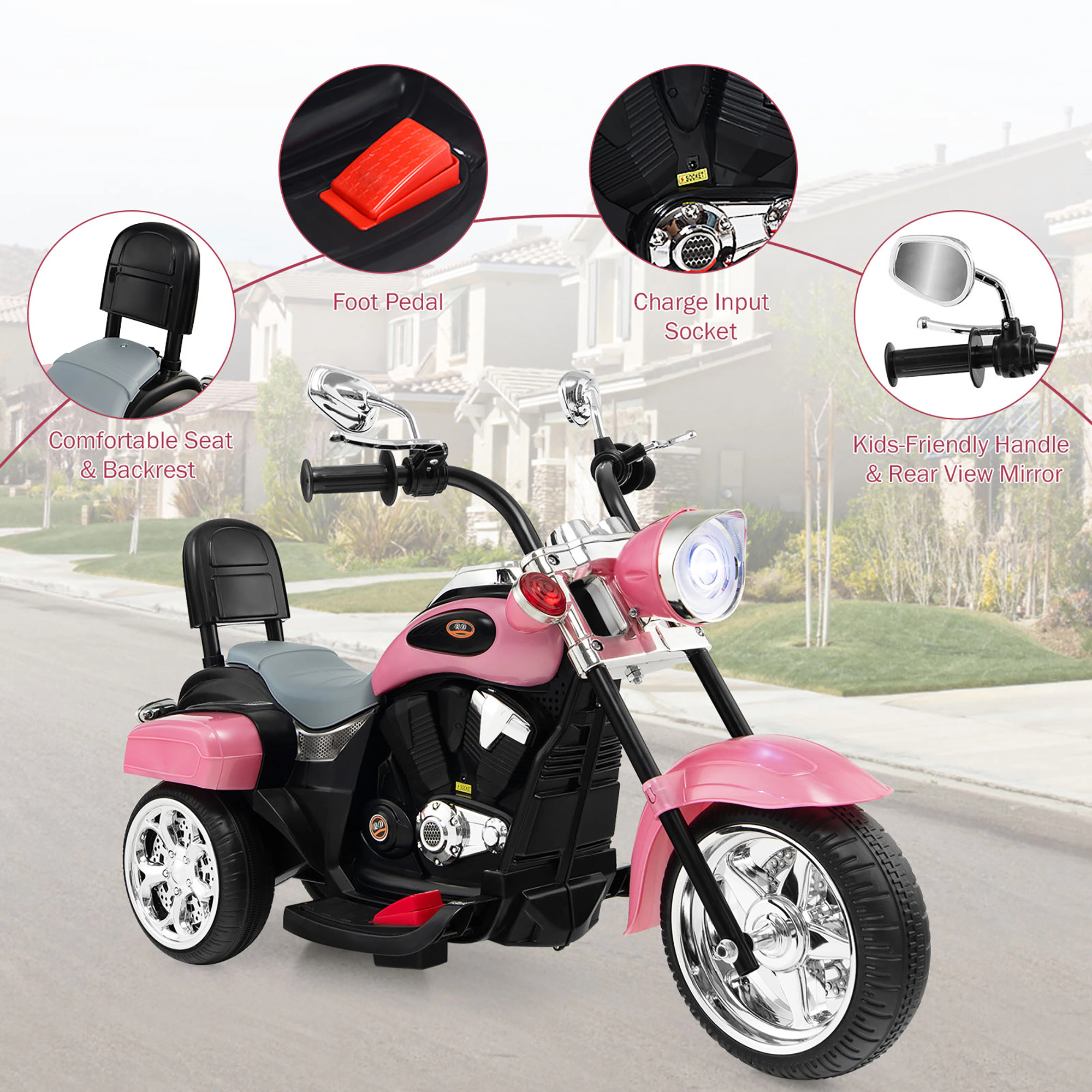 Costway Kids Motorcycle, 6V Battery Powered 3-Wheel Electric Motorcycle for with Horn