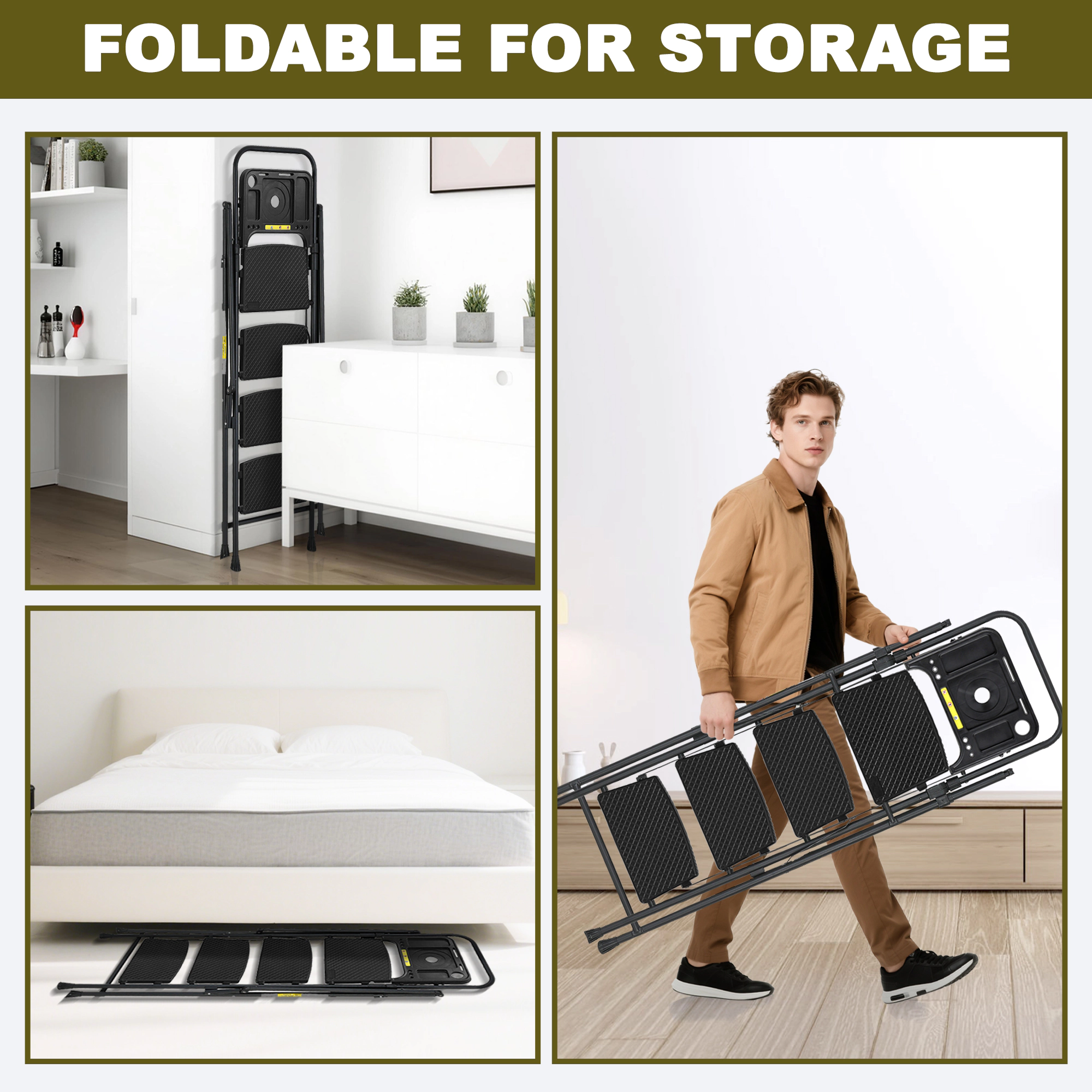 Flynama 4 Step Ladder- 500lb Capacity Steel Foldable Step Stool (Black)