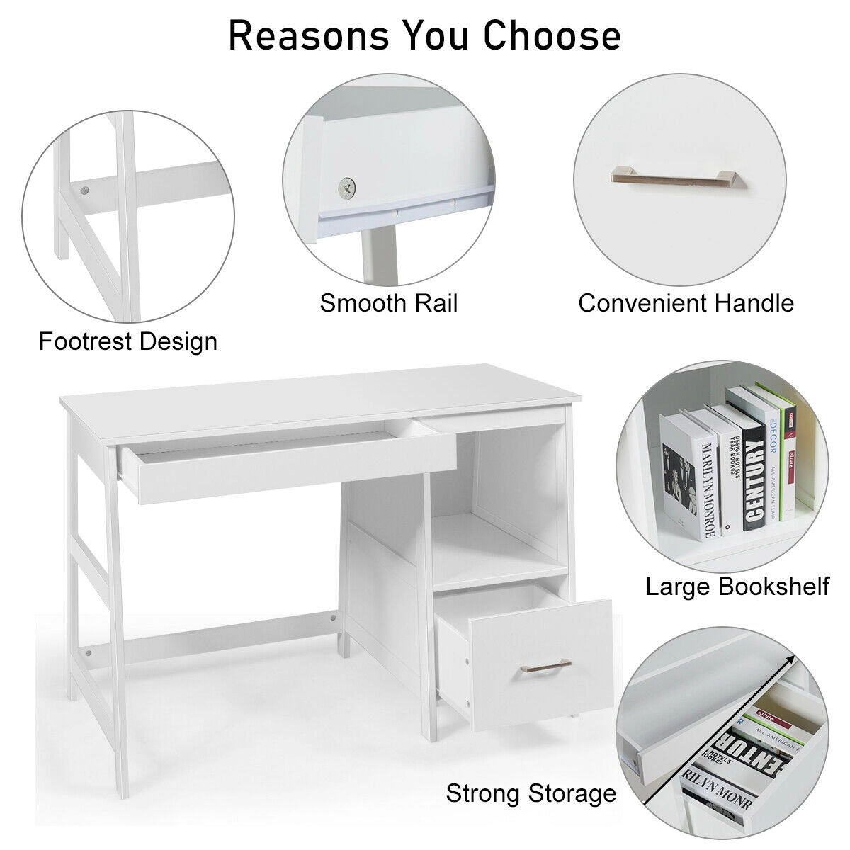 SUGIFT Open Shelf Glide Drawer Metal Frame Computer Desk 45-in x 20-in x 30.5-in 155-lb Capacity 29.5-in Legroom White