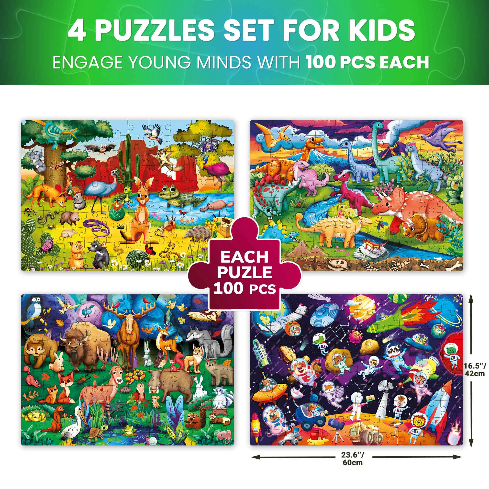 QUOKKA 4-Pack Glow-in-the-Dark Jigsaw Puzzles for Kids Ages 4–8, 100 Pieces Each, Space, Dinosaur & Animal Themes