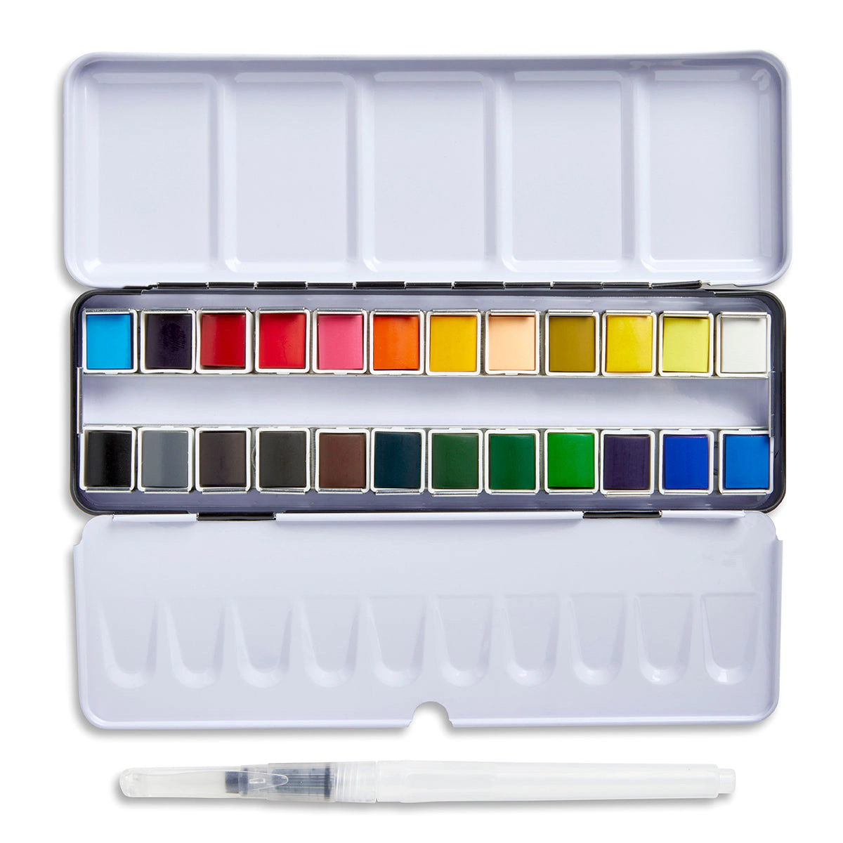 KINGART PRO Watercolor Half Pan Set - 24 Colors with Metal Case & Refillable Water Brush Pen