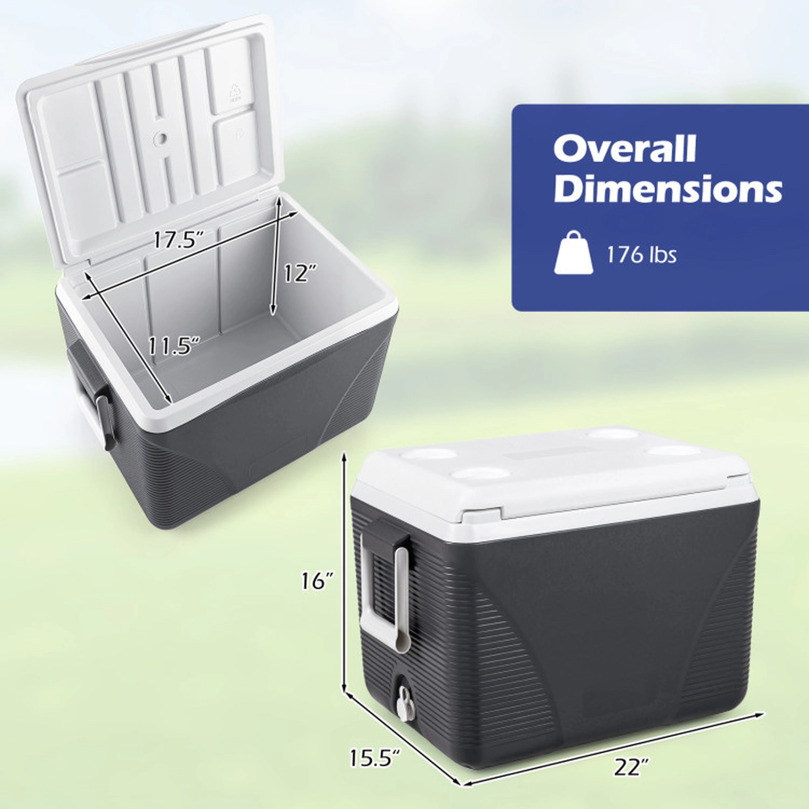 SUGIFT 43.3-Quart Black Hard Side Cooler with Grip Handles and 4 Cup Holders 22-in W 15.5-in D 16-in H
