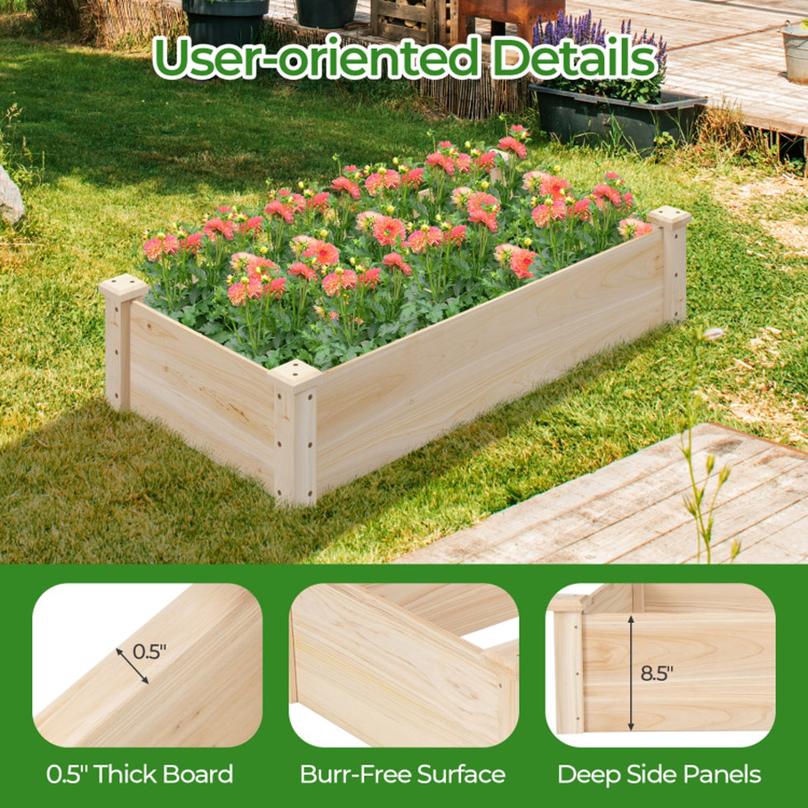 SUGIFT Fir Wood Raised Garden Bed Square Planter Box 10-in Tall Natural