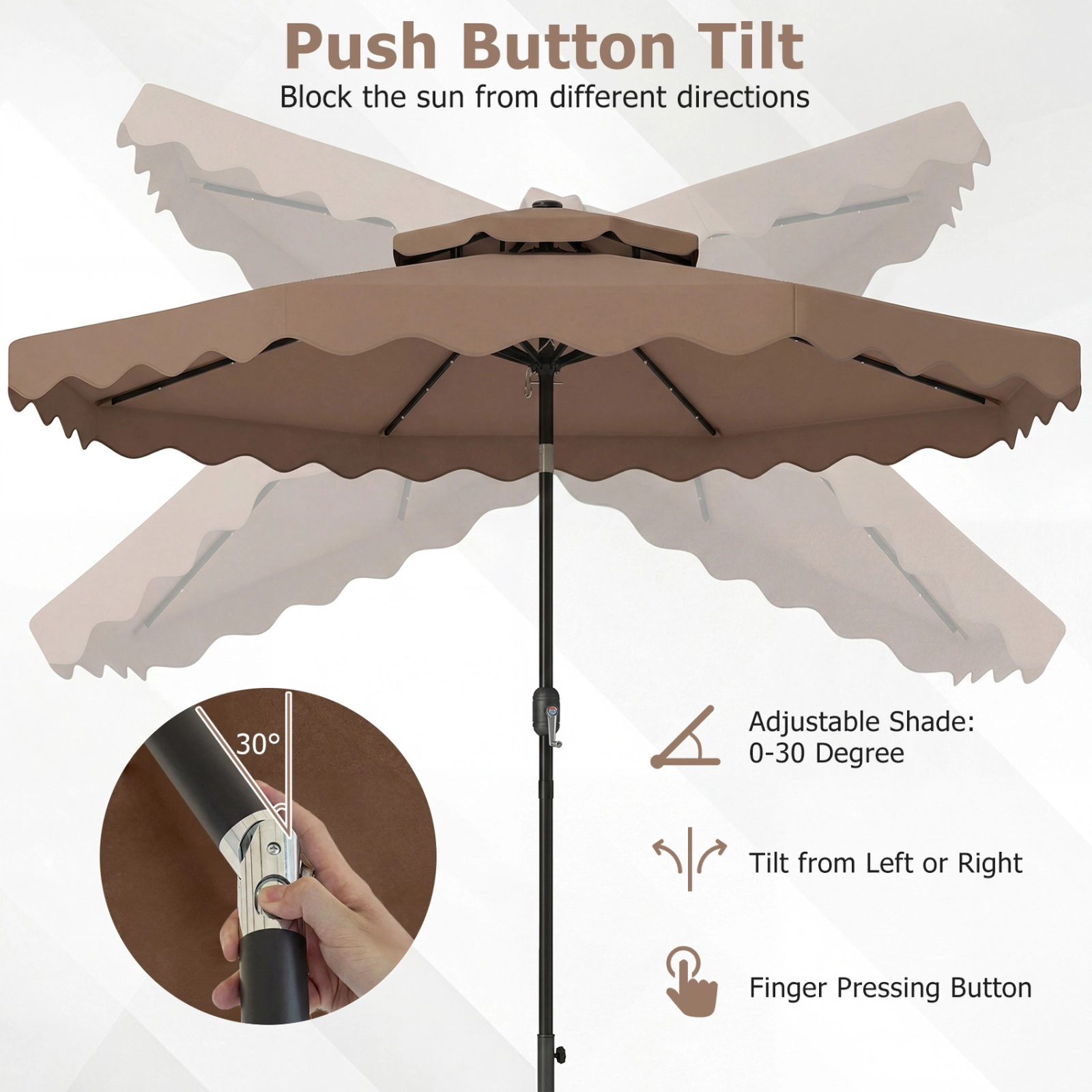 SUGIFT 9.5-ft Brown Solar Patio Umbrella with 24 LED Lights 8 Ribs Vented Crown and 2-Section Pole