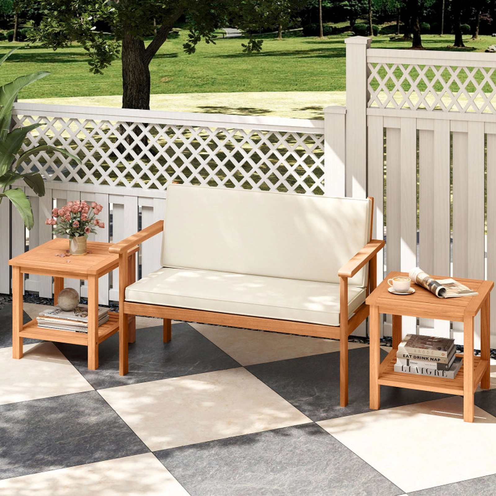 SUGIFT 2-Tier Patio Side Table with Slatted Tabletop and Storage Shelf 165-lb Capacity Natural