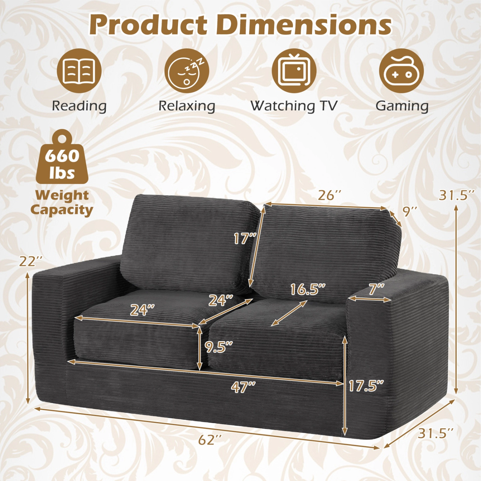 SUGIFT 2-Seater Floor Corduroy Loveseat Foam Sofa 62-in Frame 660-lb Capacity Removable Cover Black