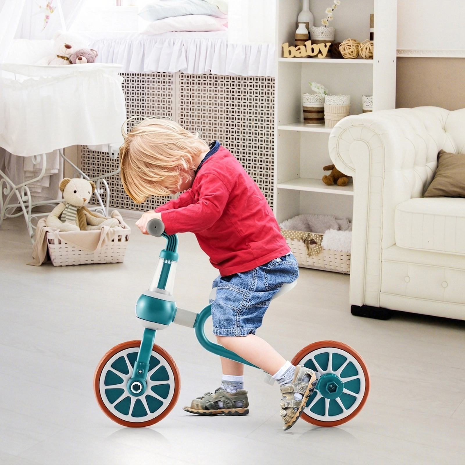 4-in-1 Kids Tricycle 4-Level Parent Push Handle Detachable Pedals Training Wheels 135-Degree Ages 2-4 Green