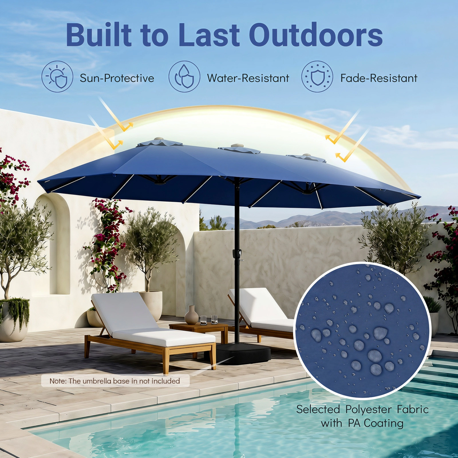 SUGIFT 15.5-ft Navy Extra-Large Rectangular Patio Umbrella with 144 Solar LED Beads and 12 Light Modes