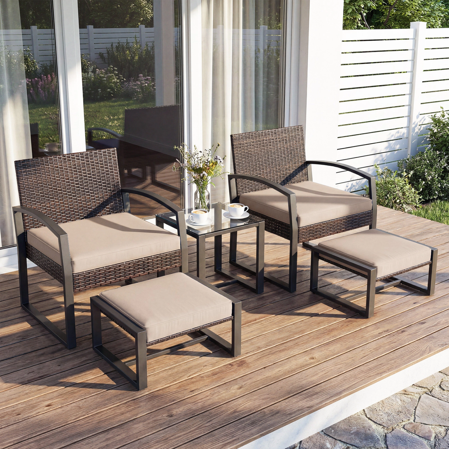 LJG 5-Piece Patio Conversation Set with 2 Ottomans and Tempered Glass Side Table