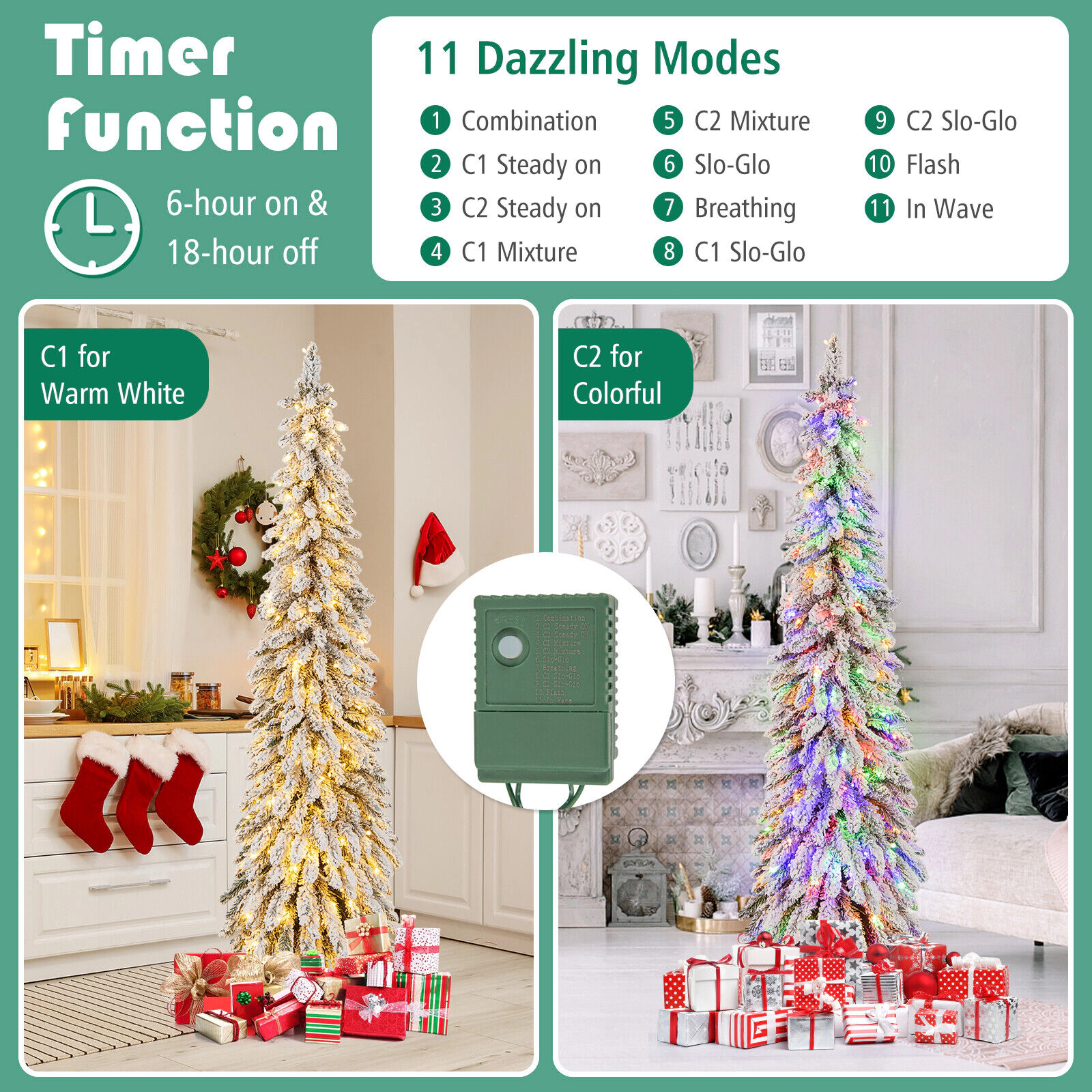 SUGIFT 6-ft Snow Flocked Slim Pencil Pre-Lit Christmas Tree with 407 Branch Tips and 250 LED Lights