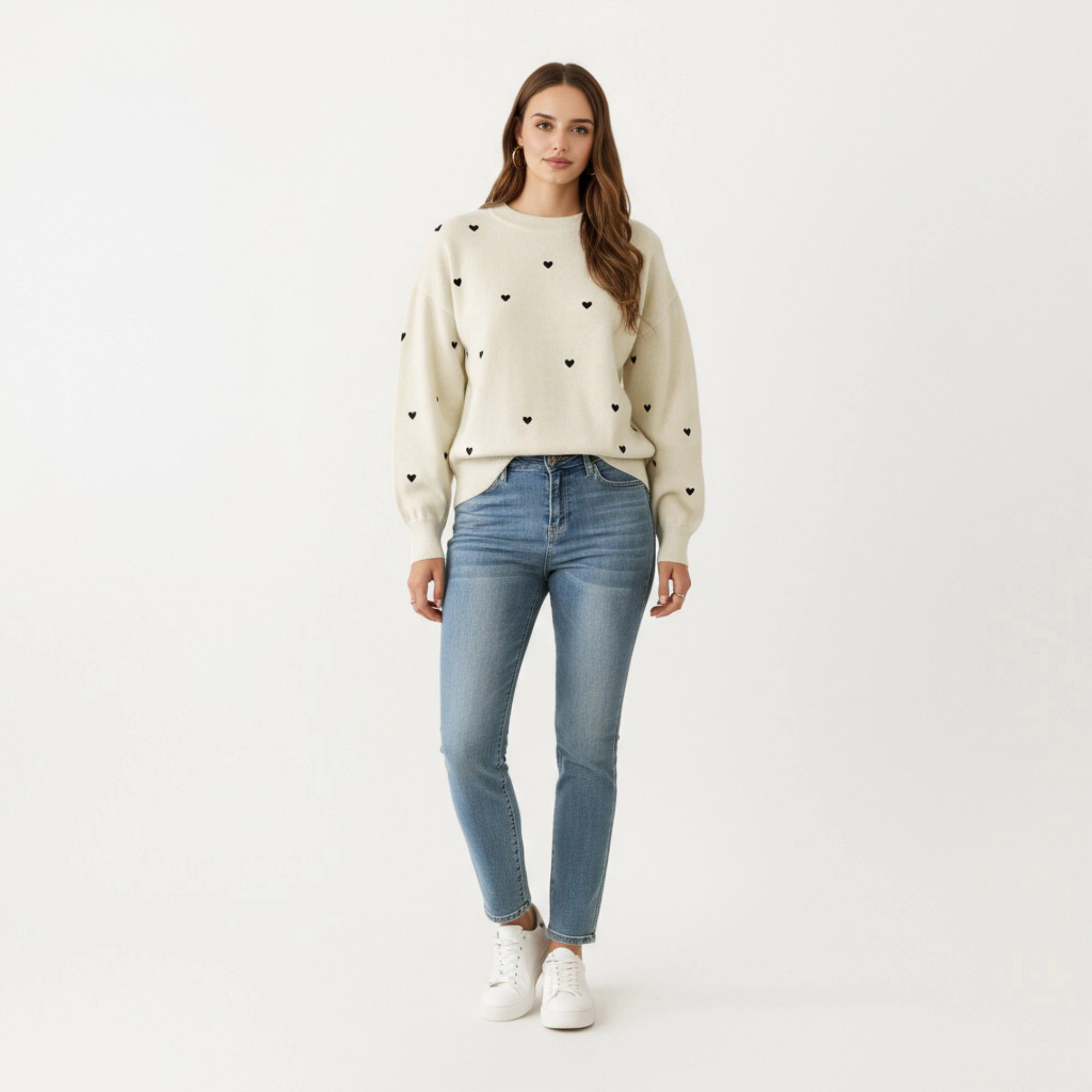 Anna-Kaci Women's Long Sleeve Heart Pattern Valentine Knit Sweater with Ribbed Trim