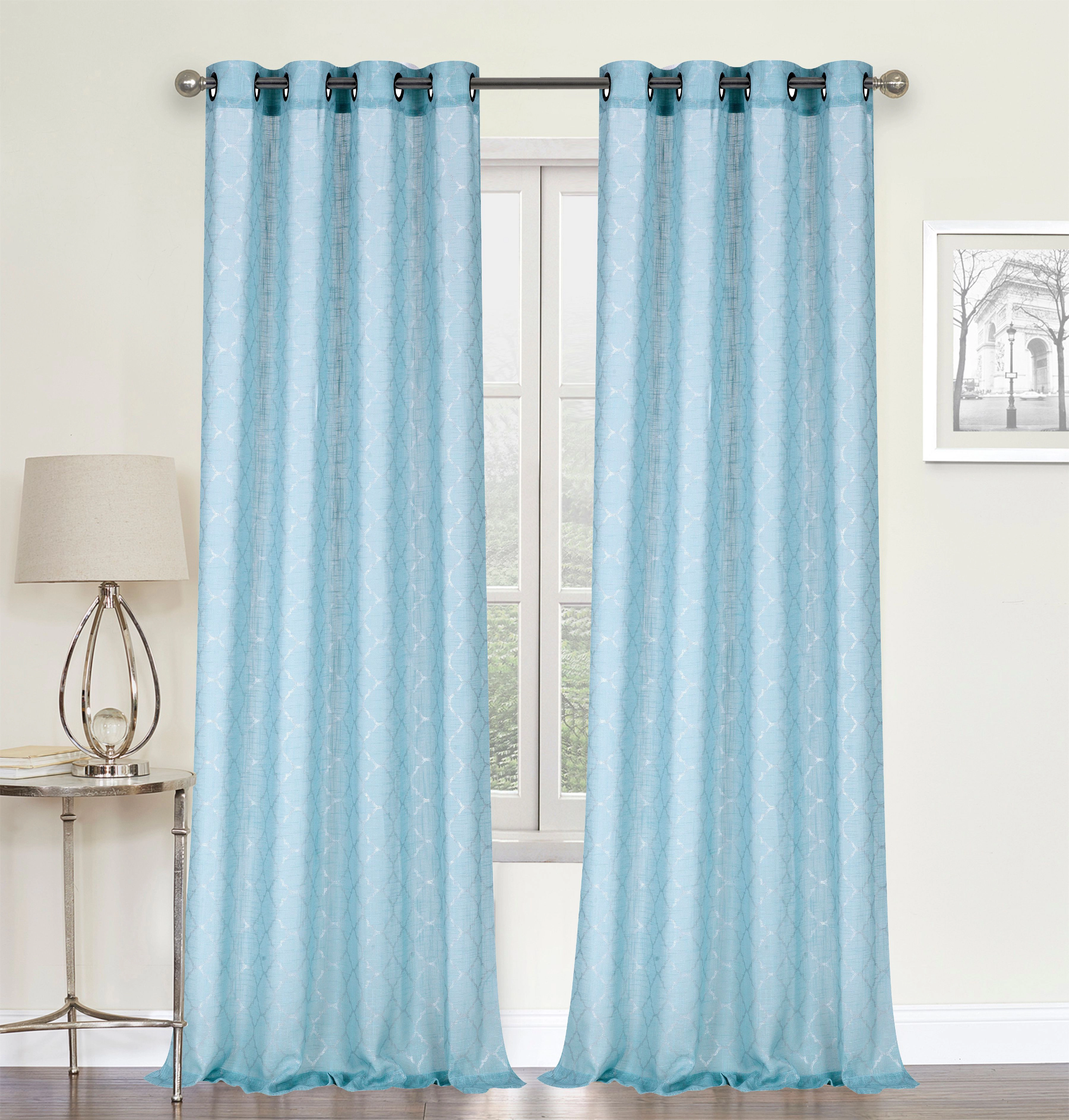 Kate Aurora 2 Piece Silver Sparkly Semi Sheer Trellis Quatrefoil Grommet Top Window Curtain Panels - 84 in. Long