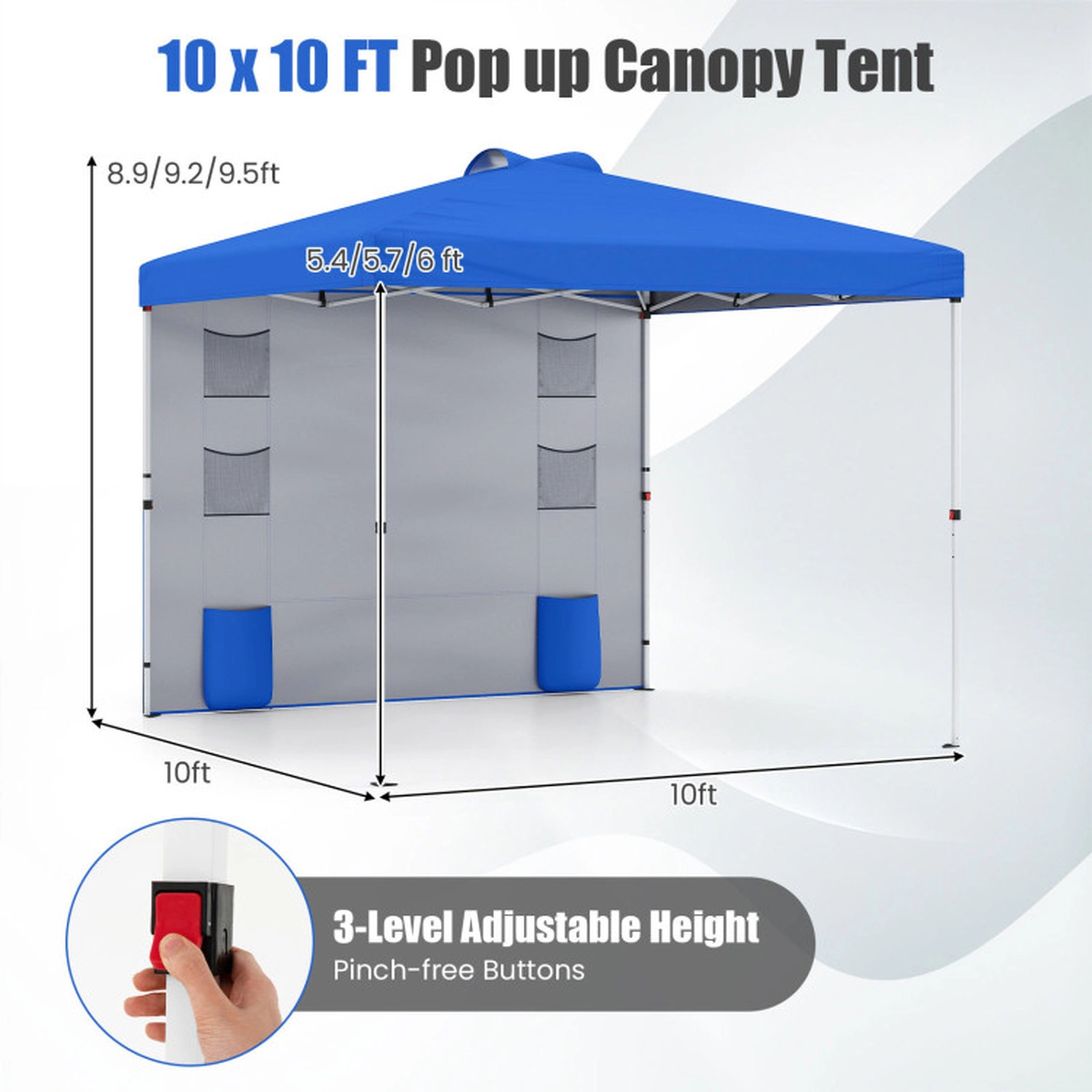 SUGIFT Blue 10-ft by 10-ft 3-Level 150D Oxford Pop Up Canopy Tent with Sidewall and 6 Storage Pockets