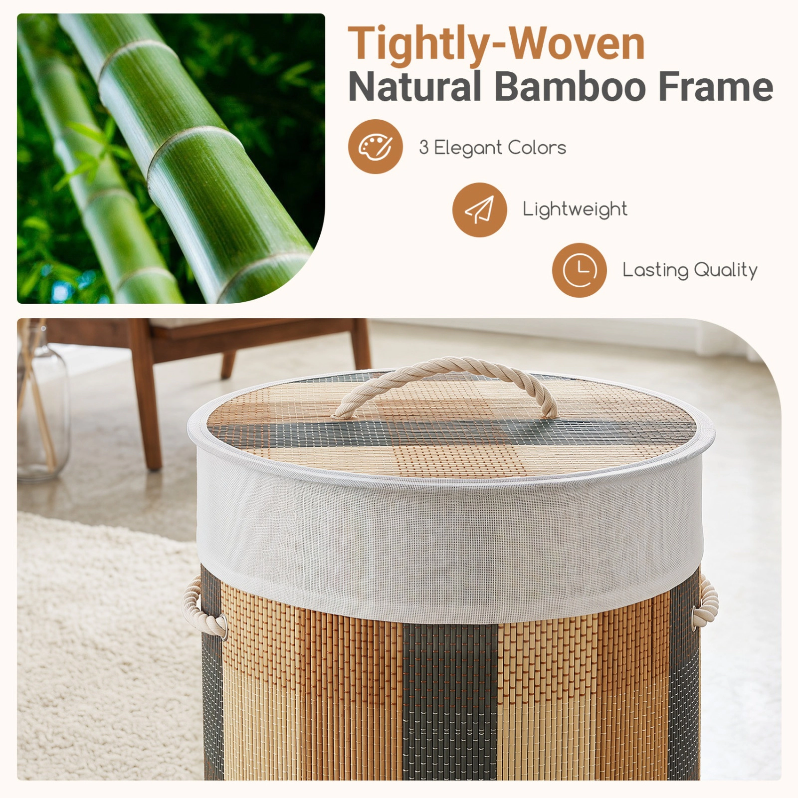 SUGIFT 13.2-gal Foldable Bamboo Laundry Hamper with Lid and Removable Machine-Washable Liner Basket