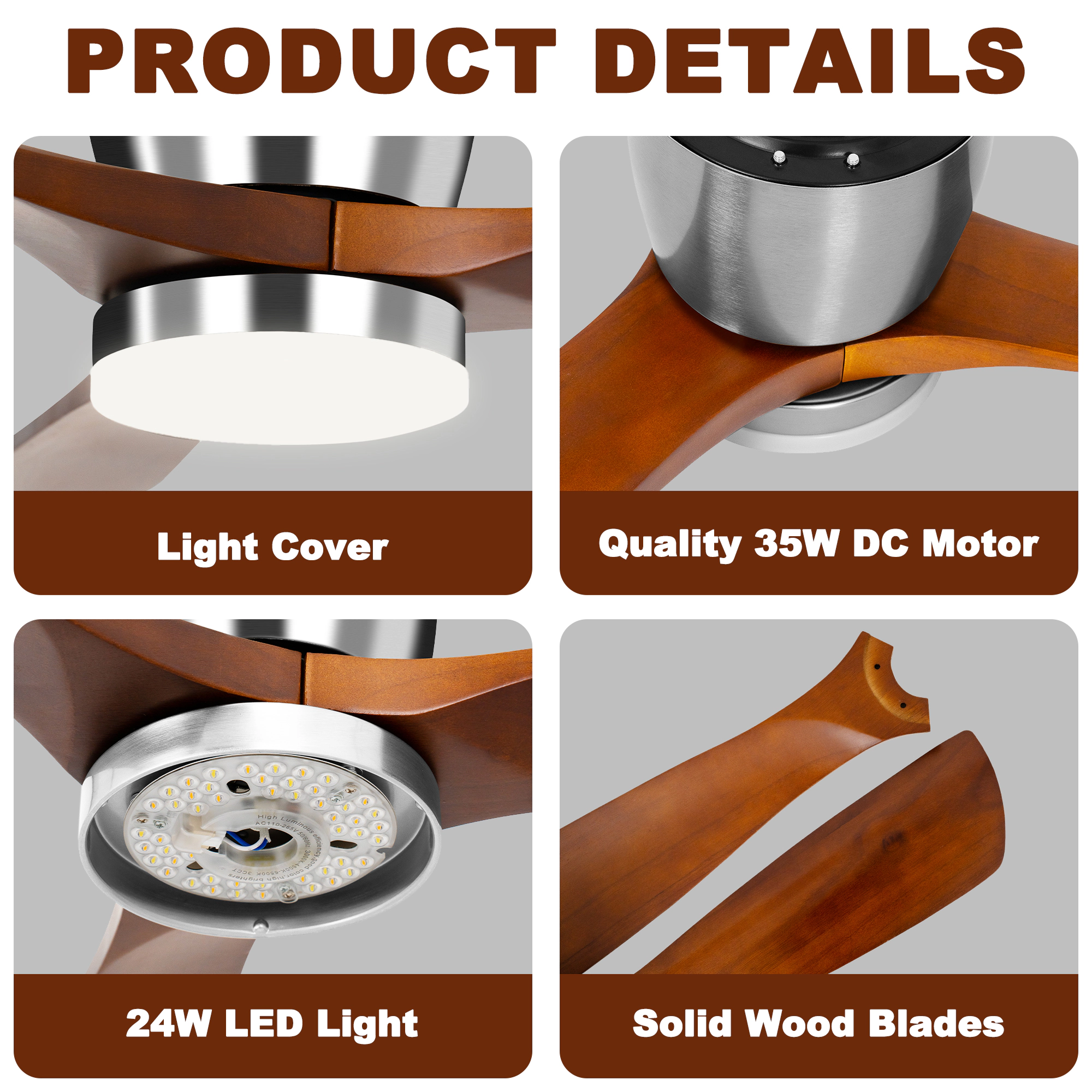 Flynama 52 in. Silver Flush Mount Ceiling Fan with light, 3-Reversible Brown Blades, 6-Speeds Reversible DC Motor