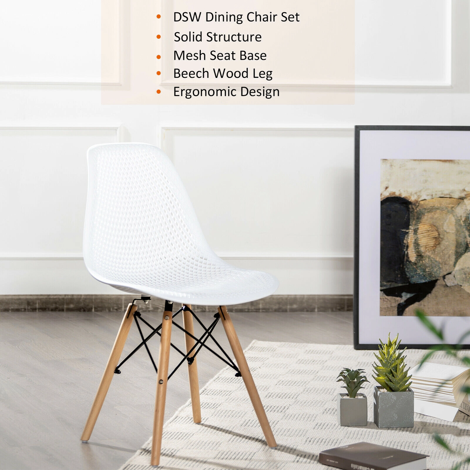 SUGIFT Set of 4 White Modern Plastic Dining Chairs with Mesh Backs and Beech Wood Legs