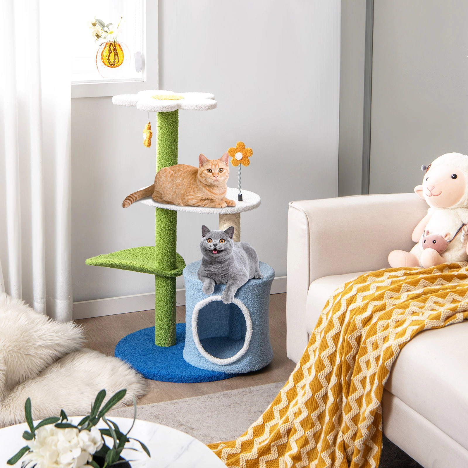 SUGIFT Blue 34.5 in 4-Tier Cat Tree with Leaf-Shaped Perch Condo and Jingling Balls