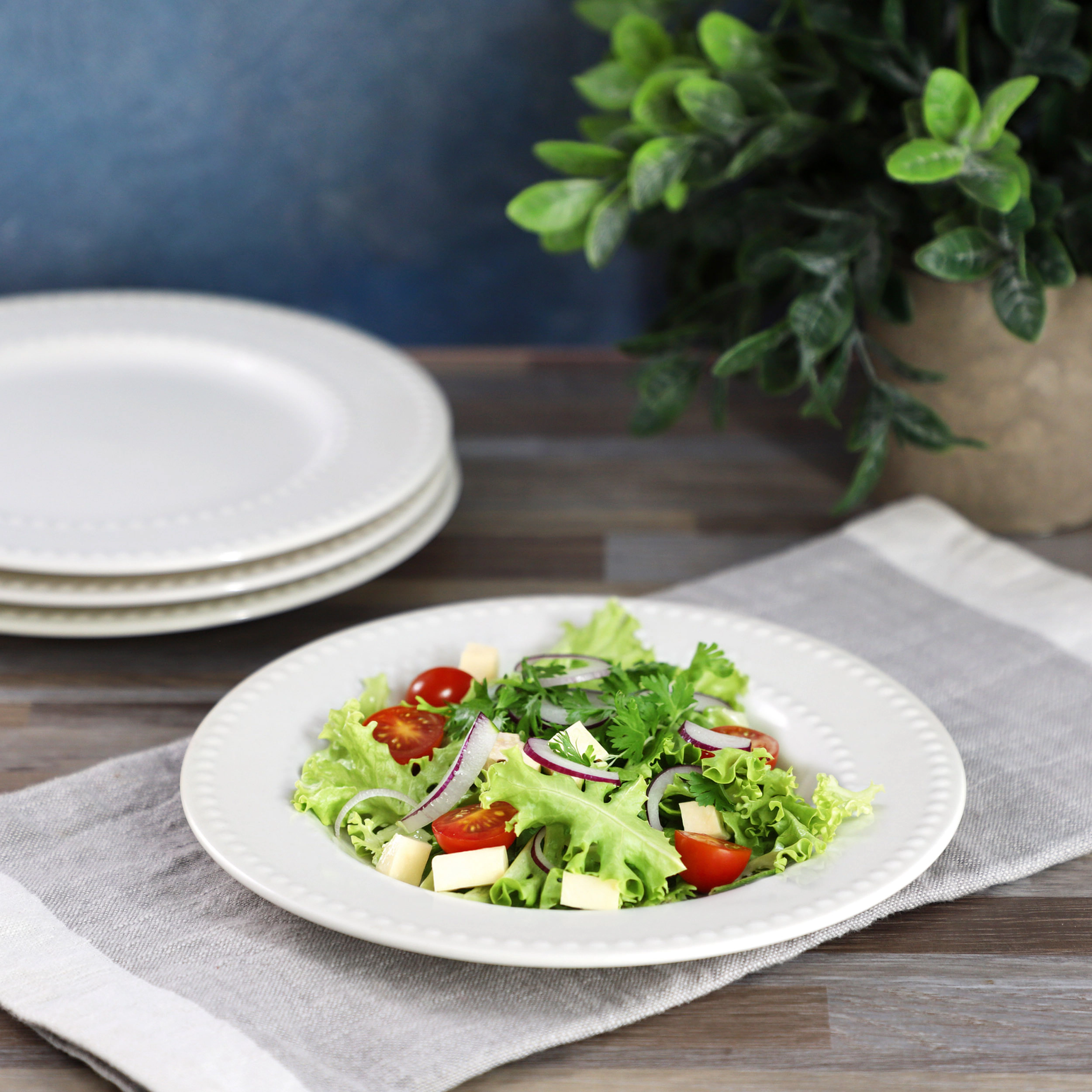 Elama Olevia 6 Piece Embossed Dot Stoneware Salad Plate Set in White