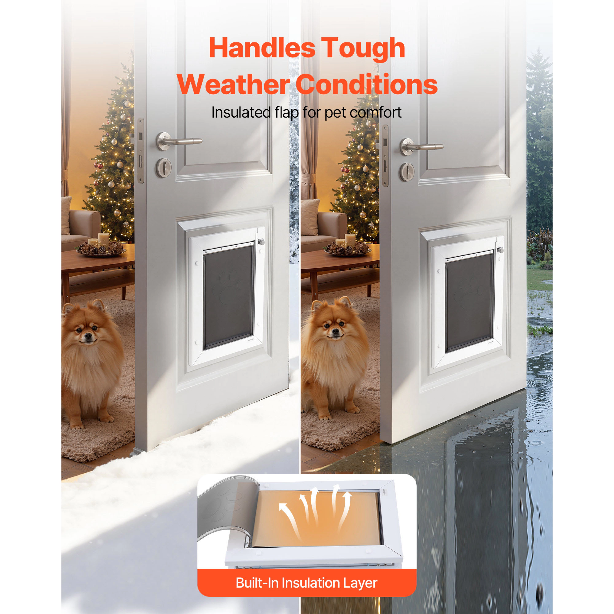 HONGGE Pet Door for Doors, Medium Triple Magnetic Flap, Weatherproof Metal Frame for In-and-Out Access, White