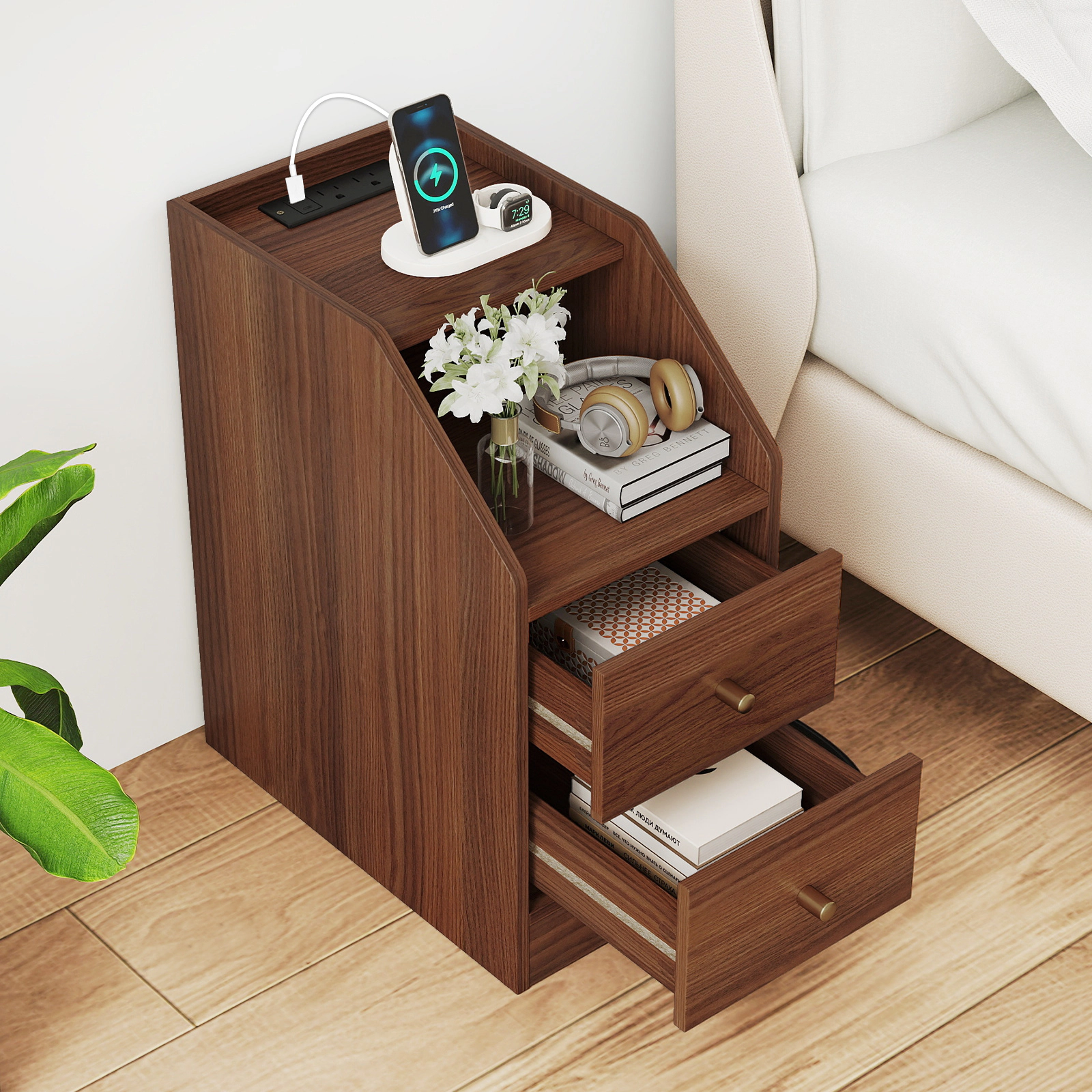 LJG Side End Table with Charging Station Sofa Couch Table with Shelf Drawers
