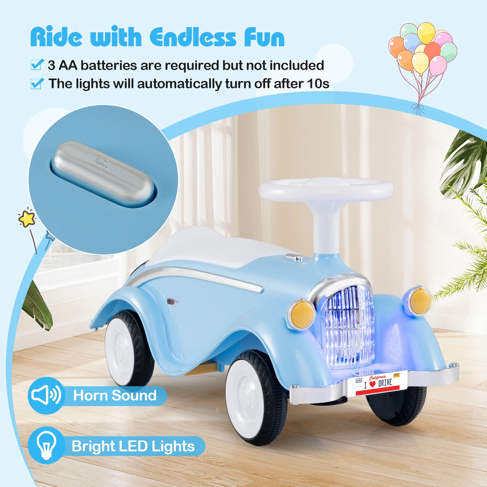 SUGIFT Toddler Ride On Sliding Car with Horn and LED Headlight Foot-to-Floor 33-lb Capacity Ages 19-36 Months Blue