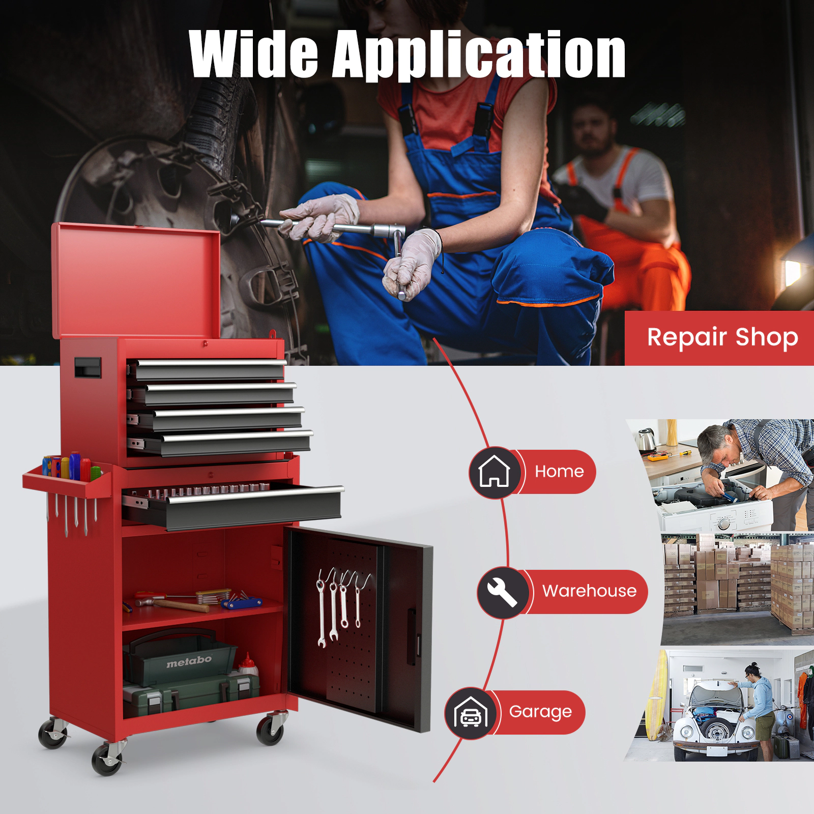 SUGIFT 2-in-1 Steel Tool Chest and Cabinet with 5 Sliding Drawers 220.5-lb Capacity Black & Red