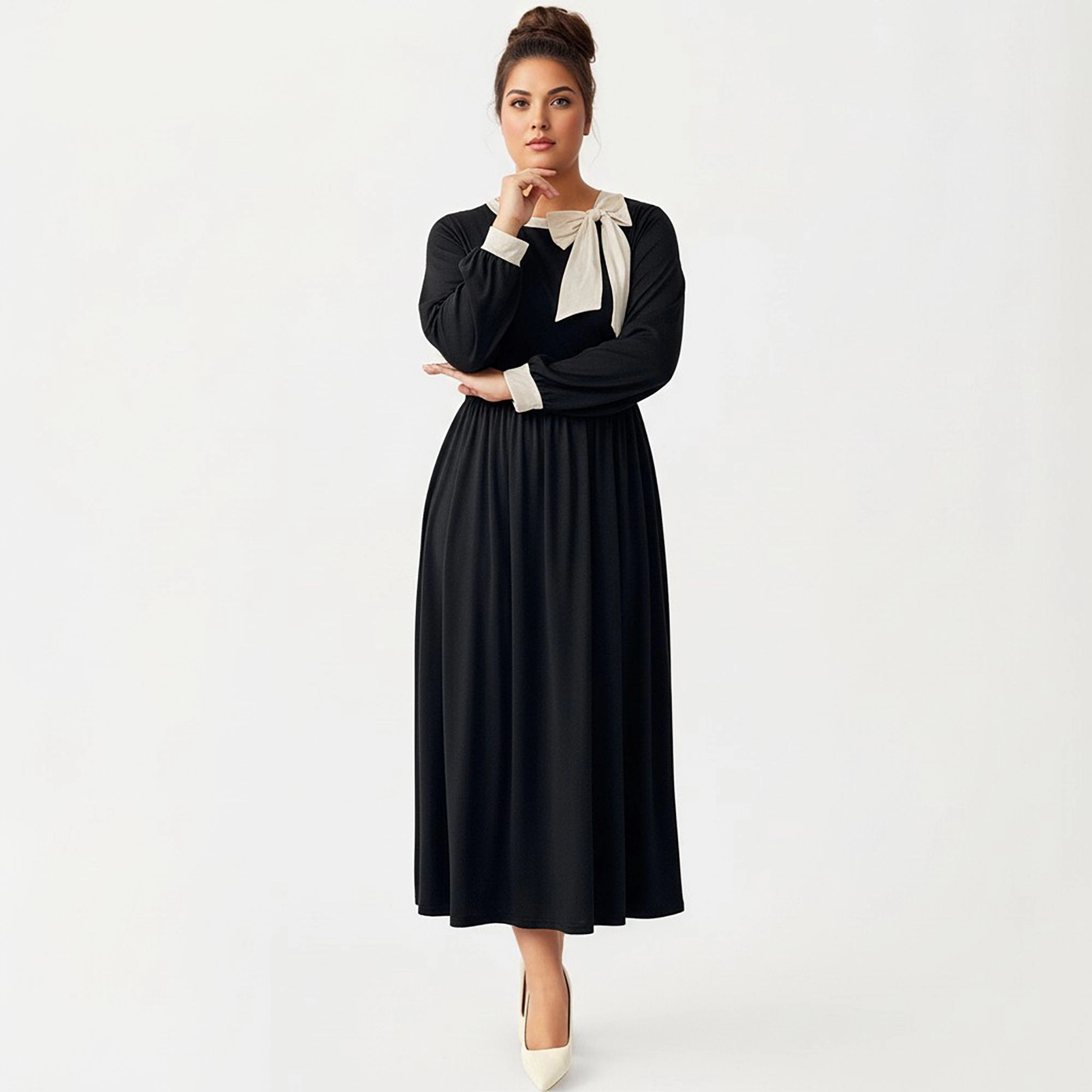 Anna-Kaci Women's Plus Long Sleeve Bow Neck Detail Gathered Waist Flowy Skirt Midi Dress