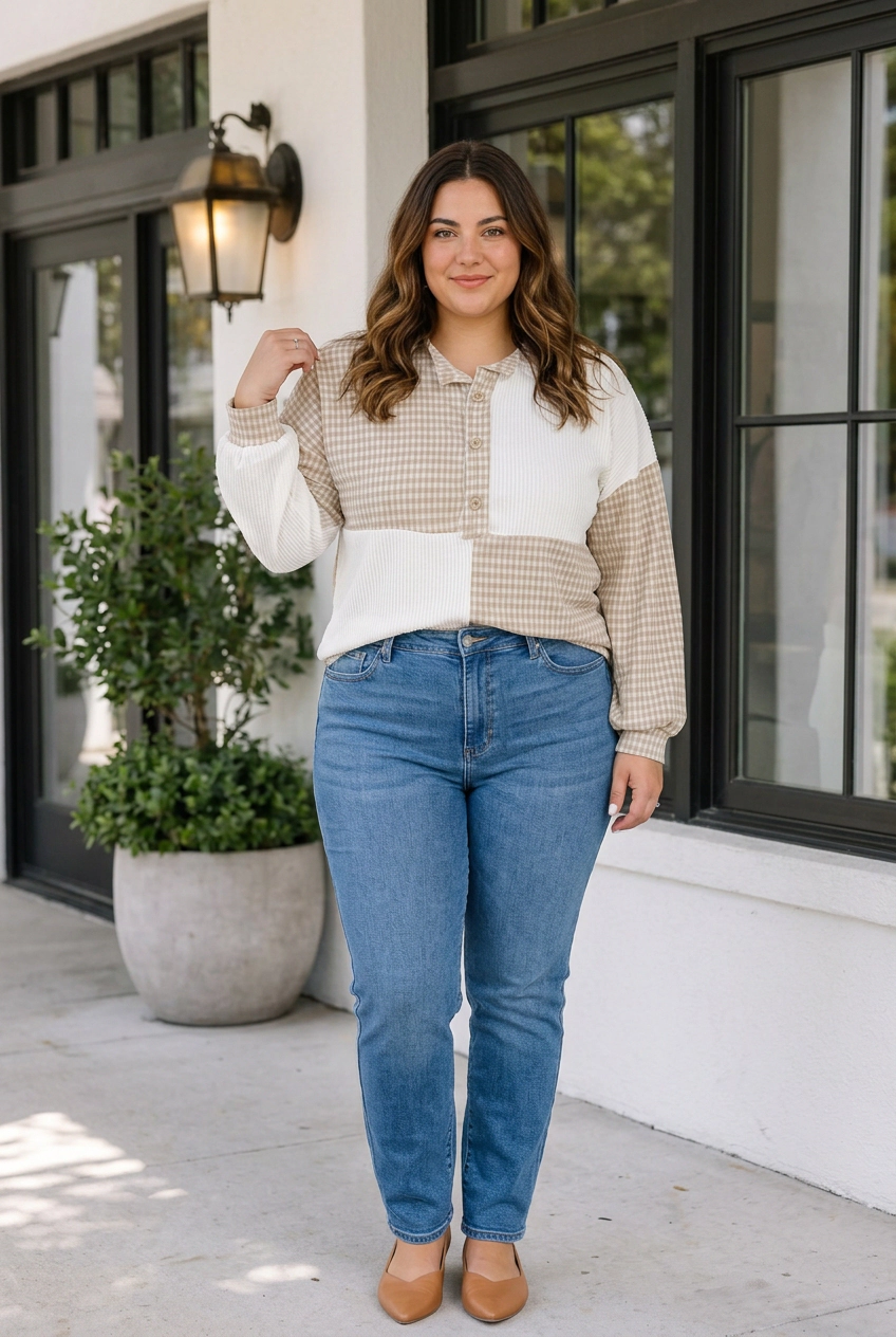 Threaded Pear Monique Long Sleeve Blouse PLUS Top