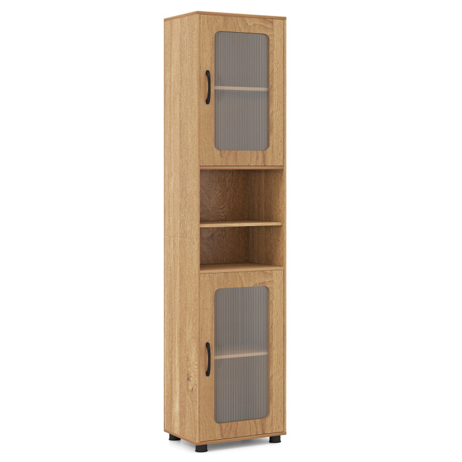 SUGIFT Tall Fluted Translucent Doors Open Compartments Bathroom Cabinet 16-in x 12-in x 67-in 155-lb Capacity Natural