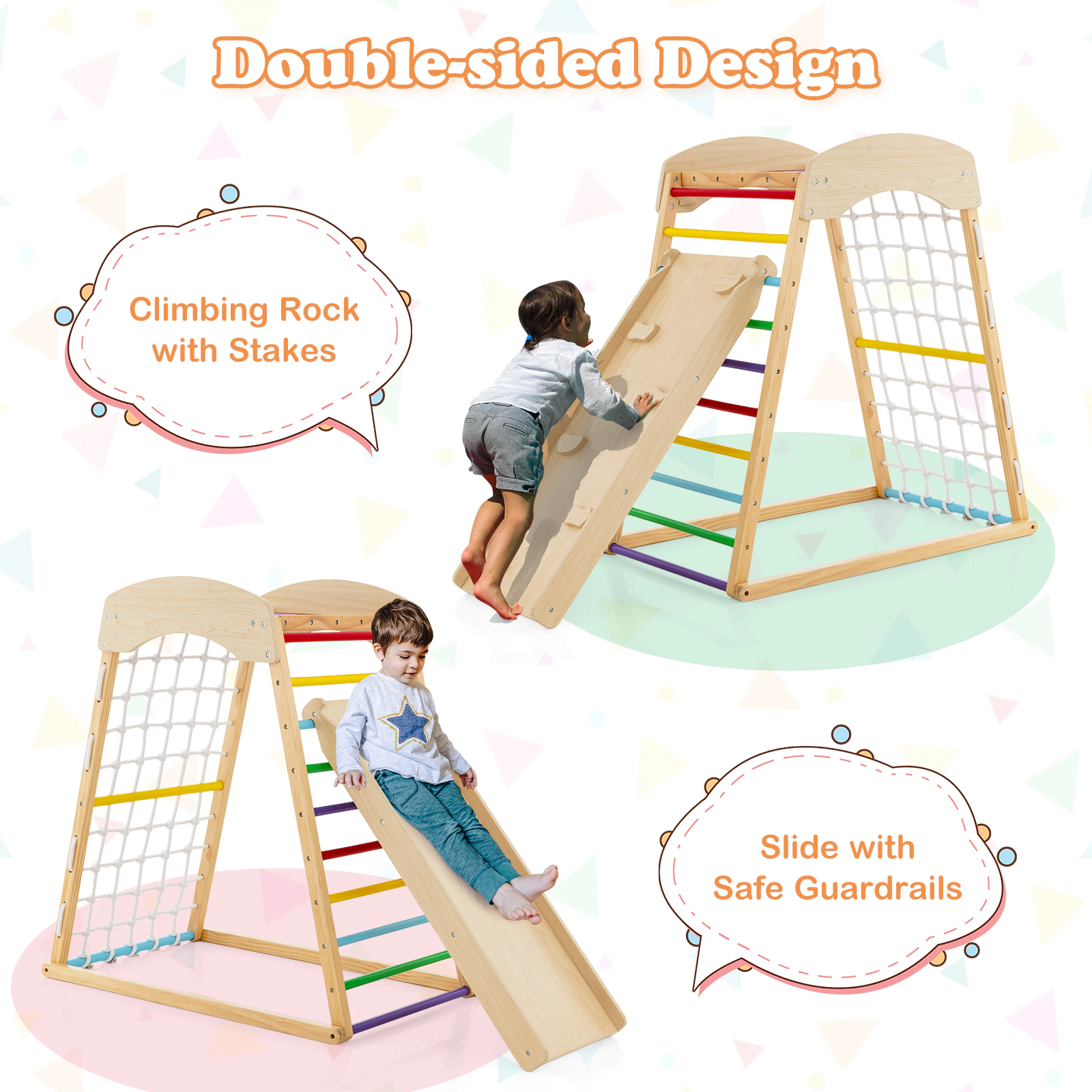 SUGIFT Multicolor 6-in-1 Wooden Kids Climber with Monkey Bars and Reversible Ramp 41.5-in W 26.5-in D 44.5-in H