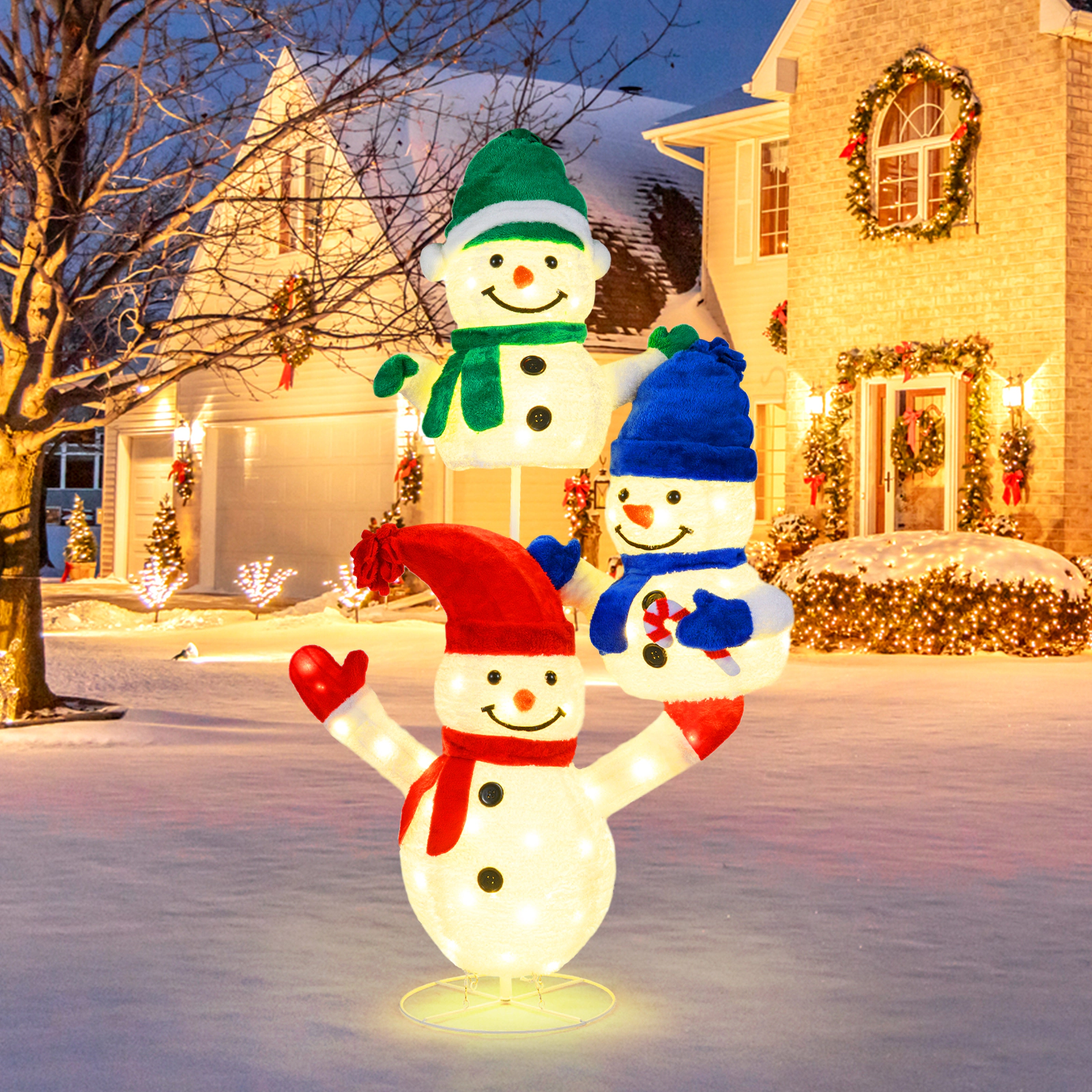 SUGIFT White 5-ft Stacked Snowman Lighted Christmas Decoration with 110 LED Lights Hats and Scarves