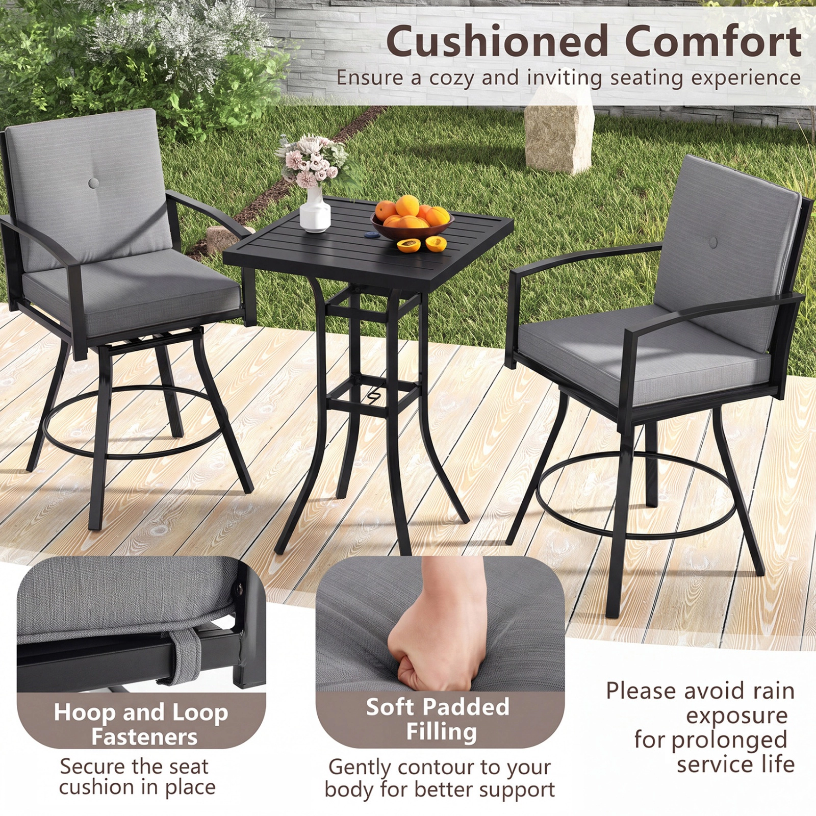 SUGIFT 3-Piece 360-Degree Swivel Stools Cushions Umbrella Hole Patio Bar Set 25-in x 25-in 180-lb Capacity Gray