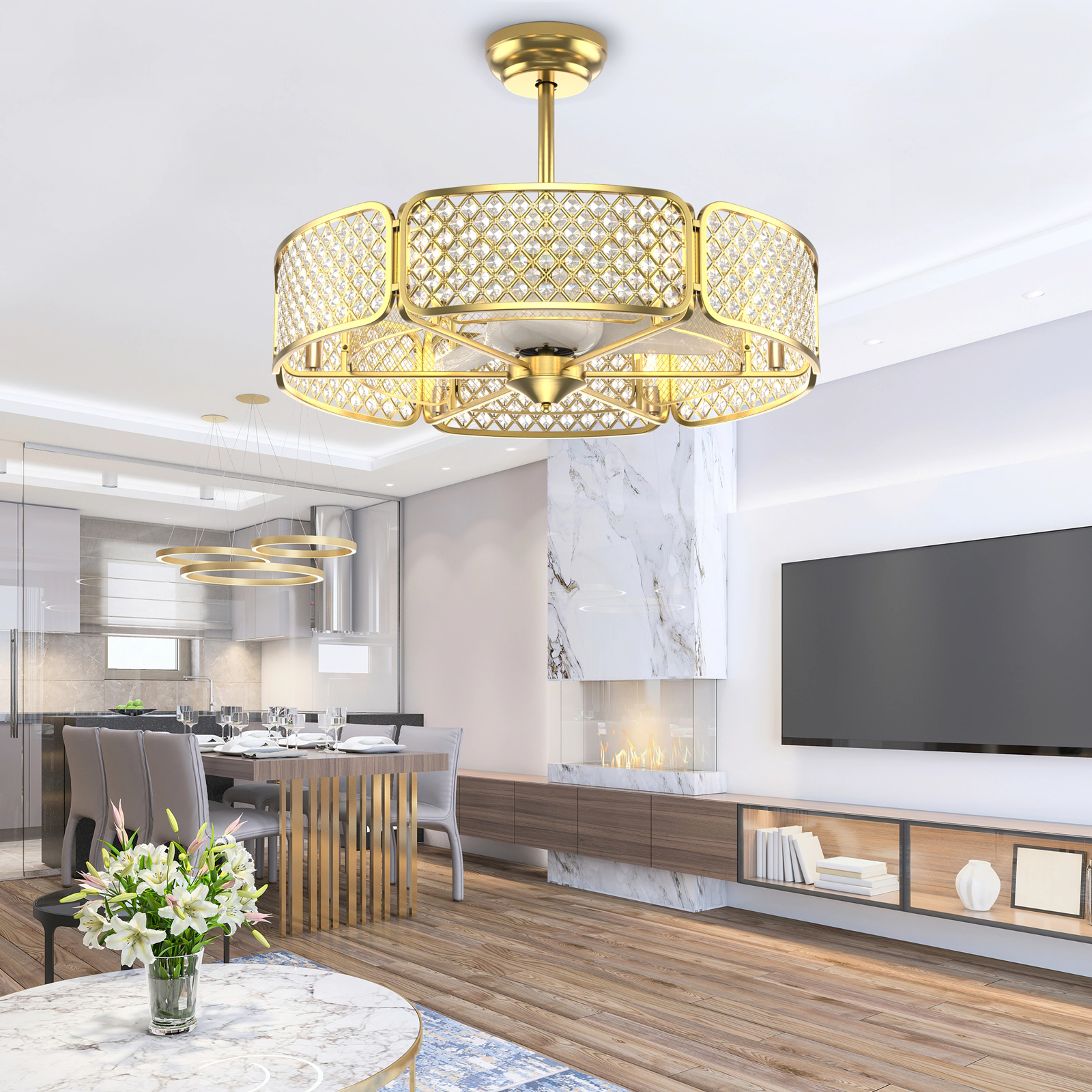 SUGIFT Golden 3-Blade Caged Ceiling Fan with Crystal Lampshade and 6 Speeds 30-in Dia 21-in H