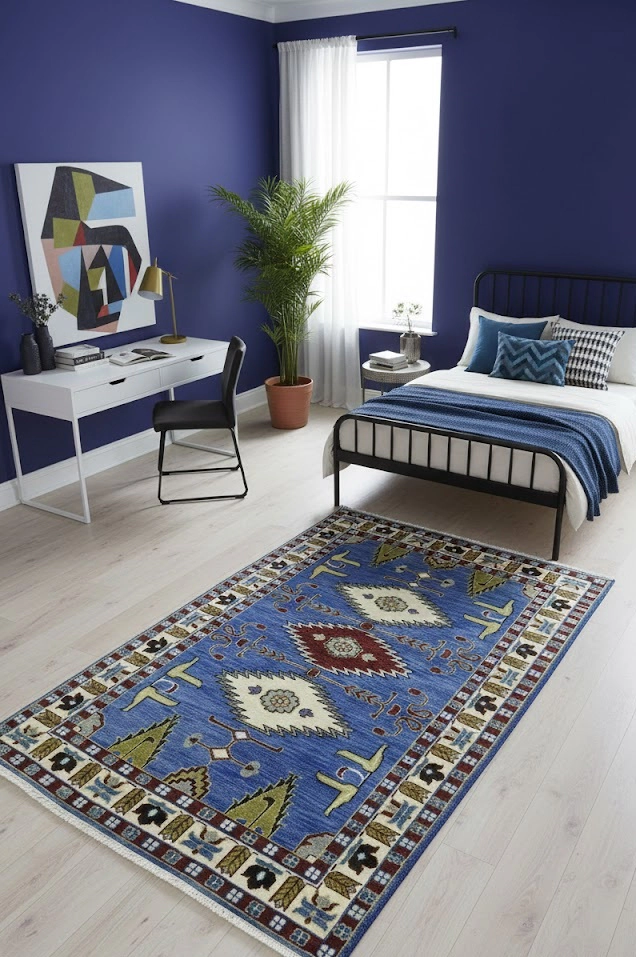 Magic Rugs 5'0 X 8'0 Hand Knotted Kazak Blue Geometric Wool Rug