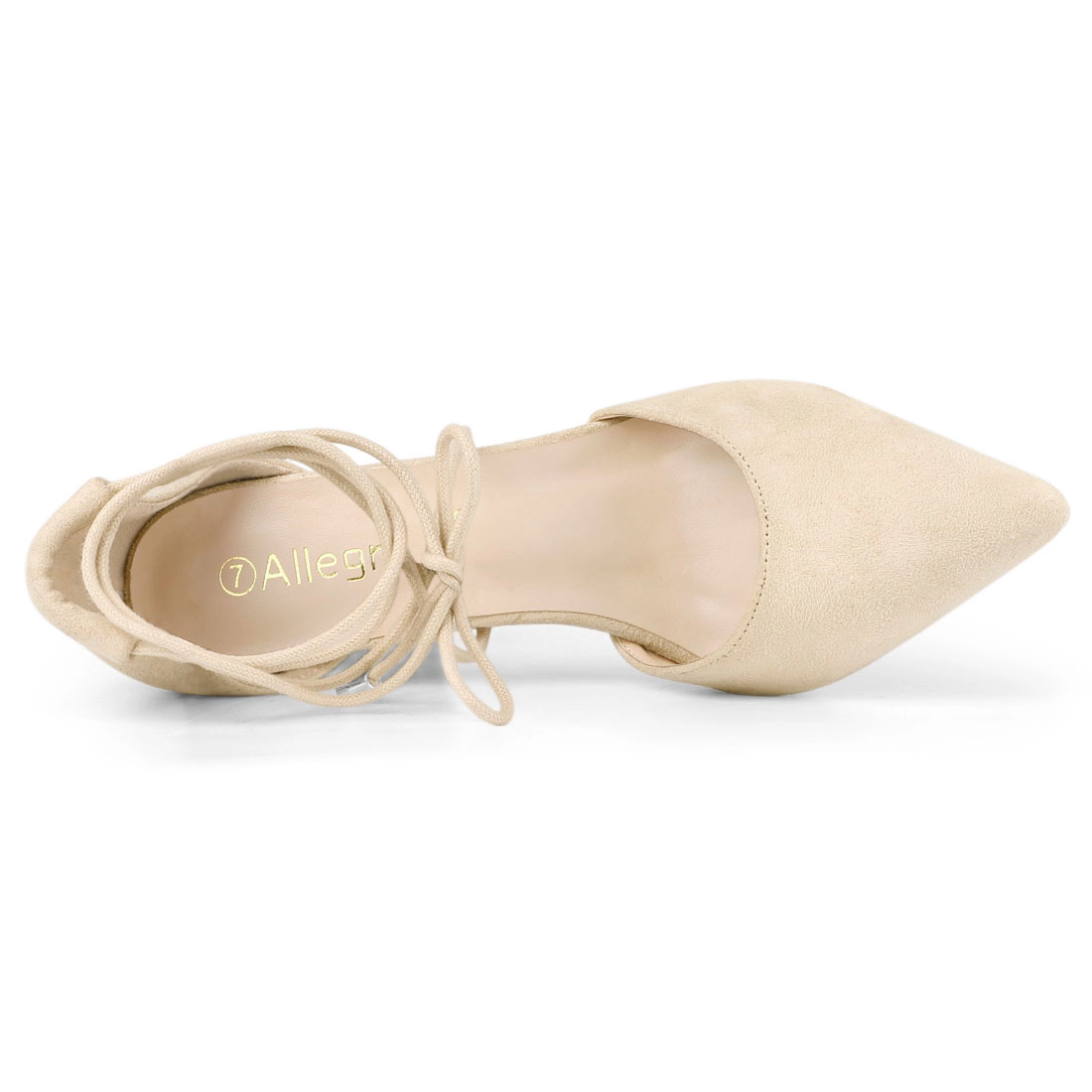 BLISSFUL STEP Women Faux Suede Pointed Toe Chunky Heels Lace Up Sandals Pumps