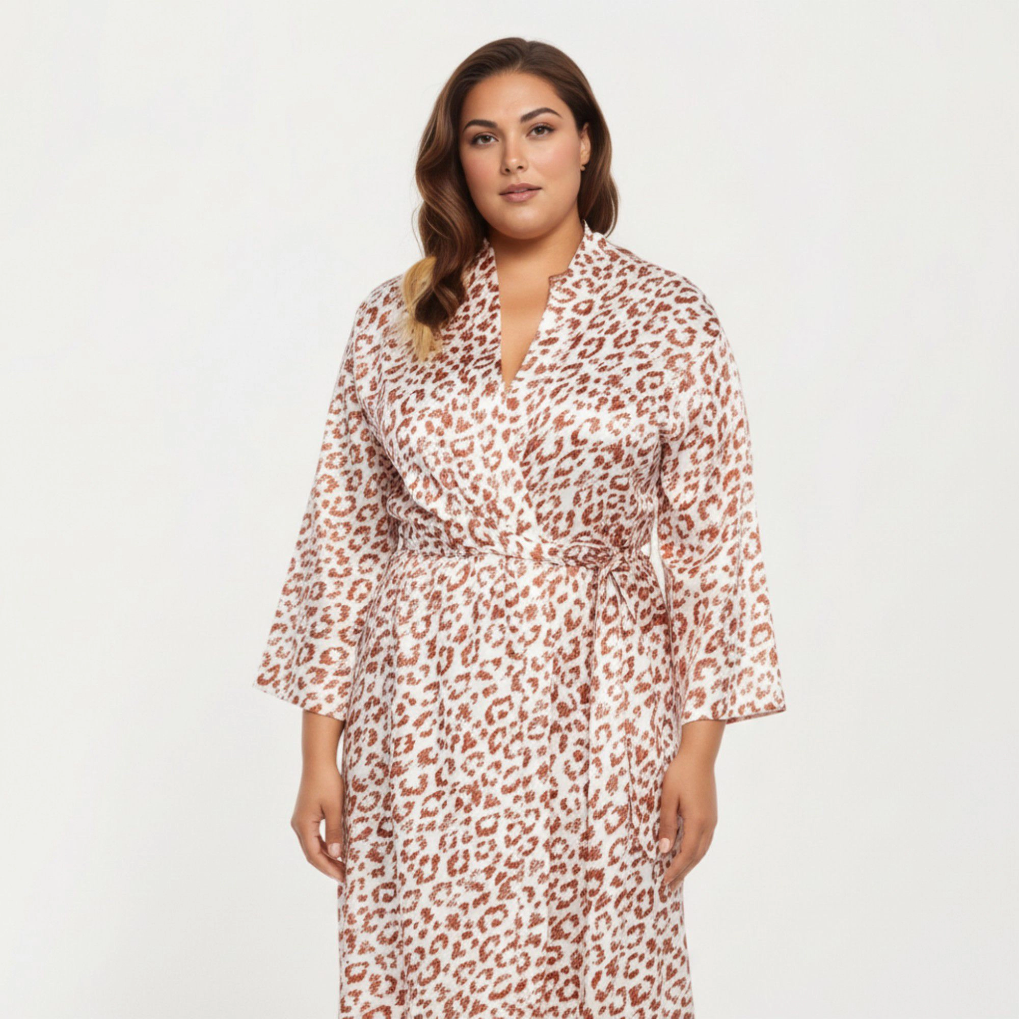 Anna-Kaci Women's Satin Leopard Print Robe with Waist Tie Soft Silky Fabric Wide Sleeves and Flowing Longline Silhouette