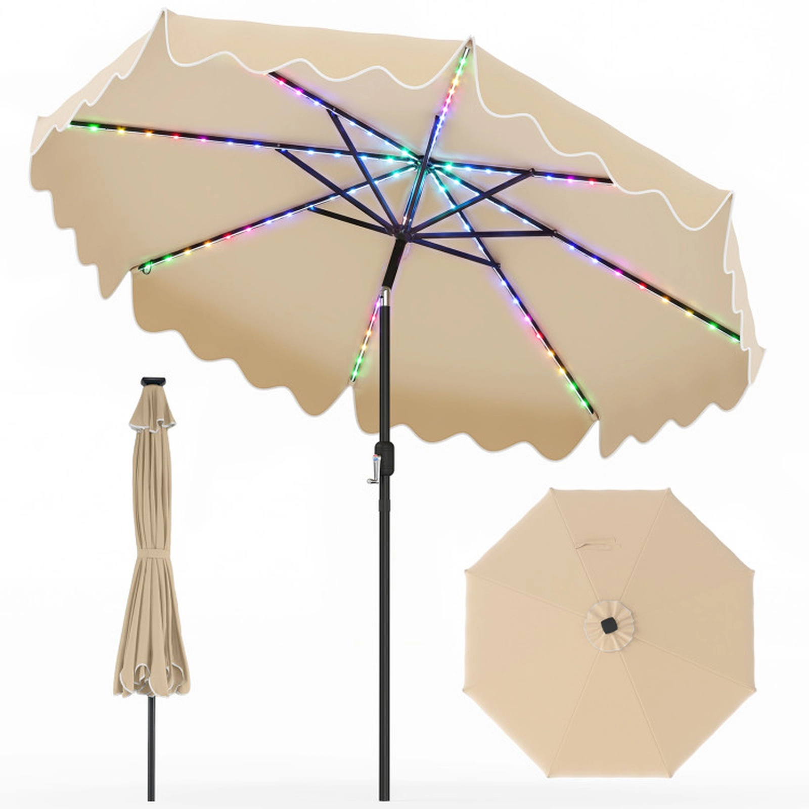 SUGIFT 10-ft Gray Solar Patio Umbrella with 112 Color-Changing LED Lights and Push Button Tilt 8.2-ft H