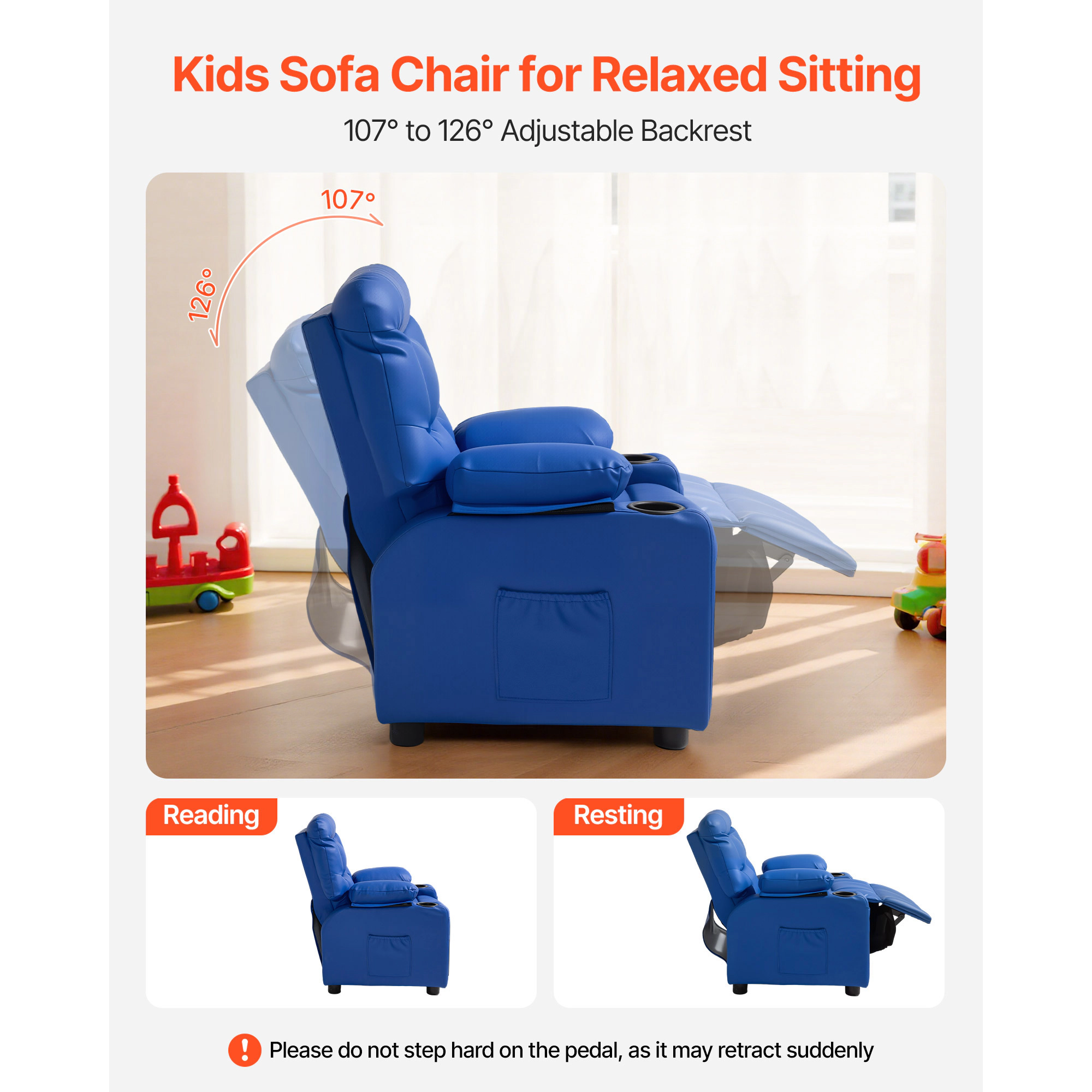 HONGGE Kids Recliner Chair Toddler with Holders & Pockets 107° to 126° Adjustable Back Reclining for Boys and